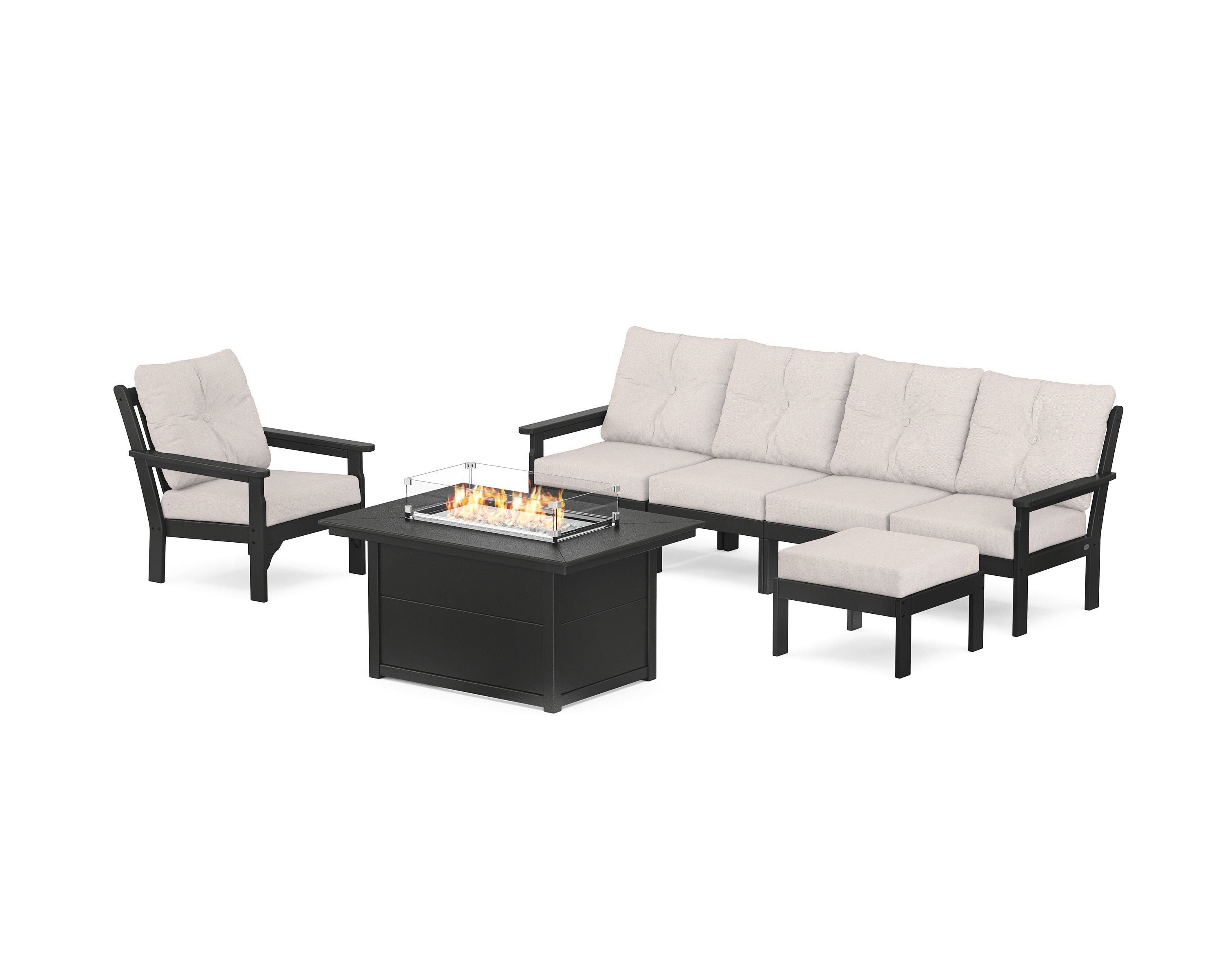 POLYWOOD Vineyard Sectional Lounge and Fire Pit Set in Black / Dune Burlap