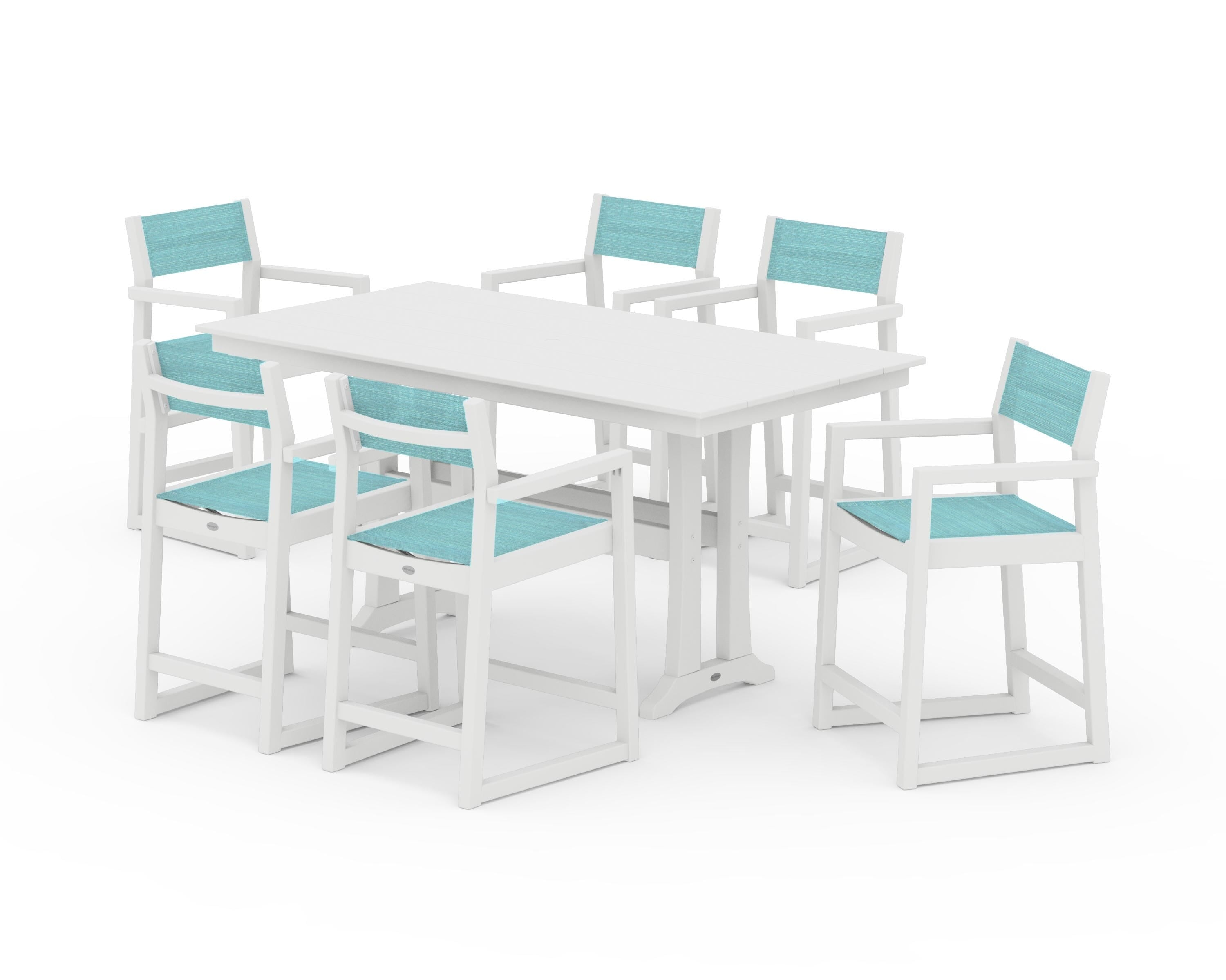 POLYWOOD EDGE Sling Arm Chair 7-Piece Farmhouse Counter Set with Trestle Legs in White / Dupioni Aquamarine Sling
