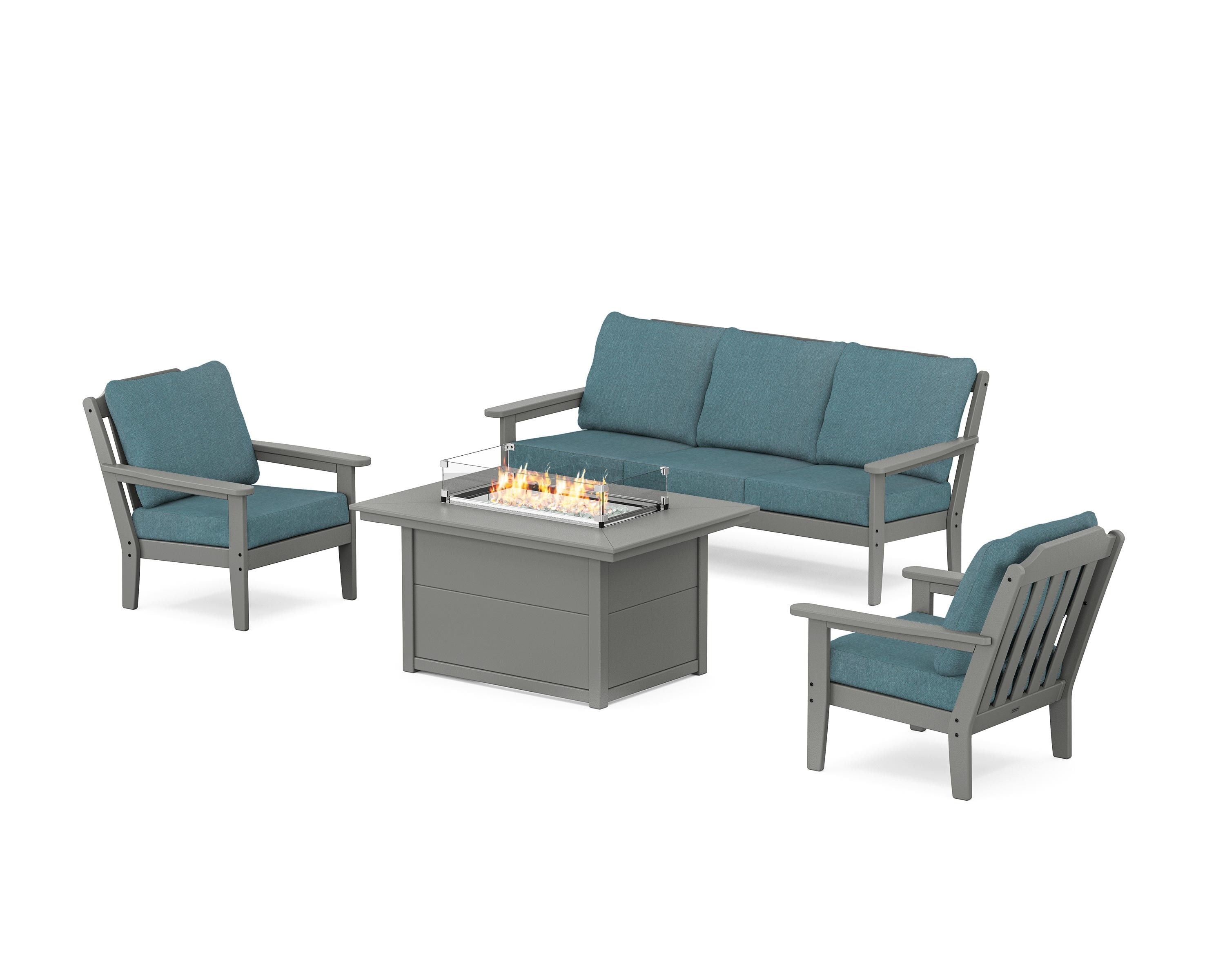Country Living Cottage Deep Seating Fire Pit Table Set in Slate Grey / Ocean Teal