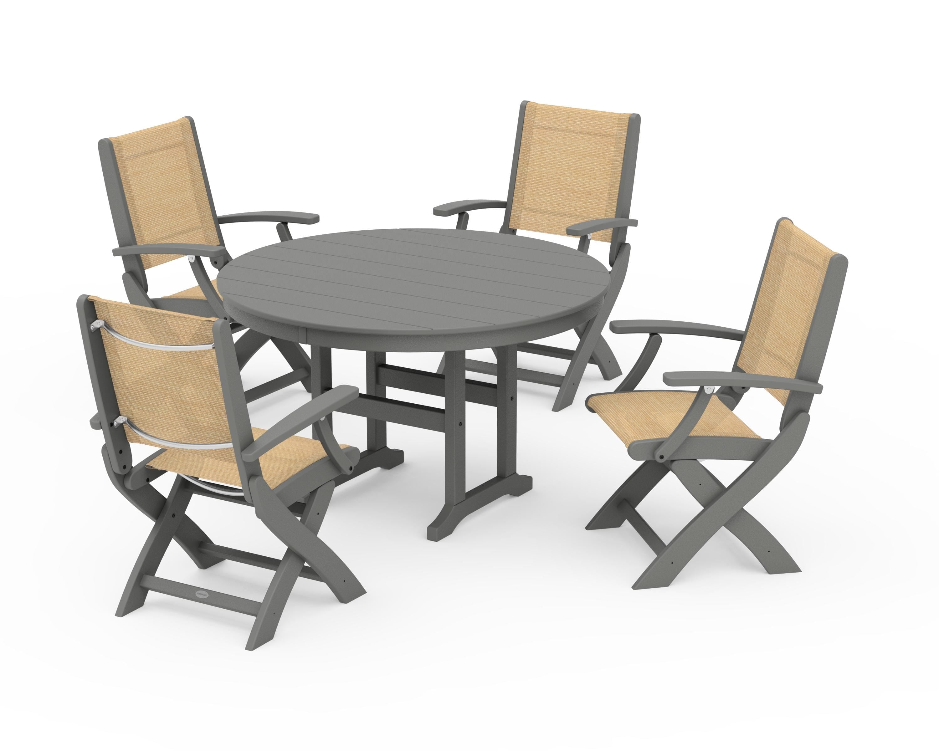 POLYWOOD Coastal Folding Chair 5-Piece Round Dining Set in Slate Grey / Dupioni Apricot Sling