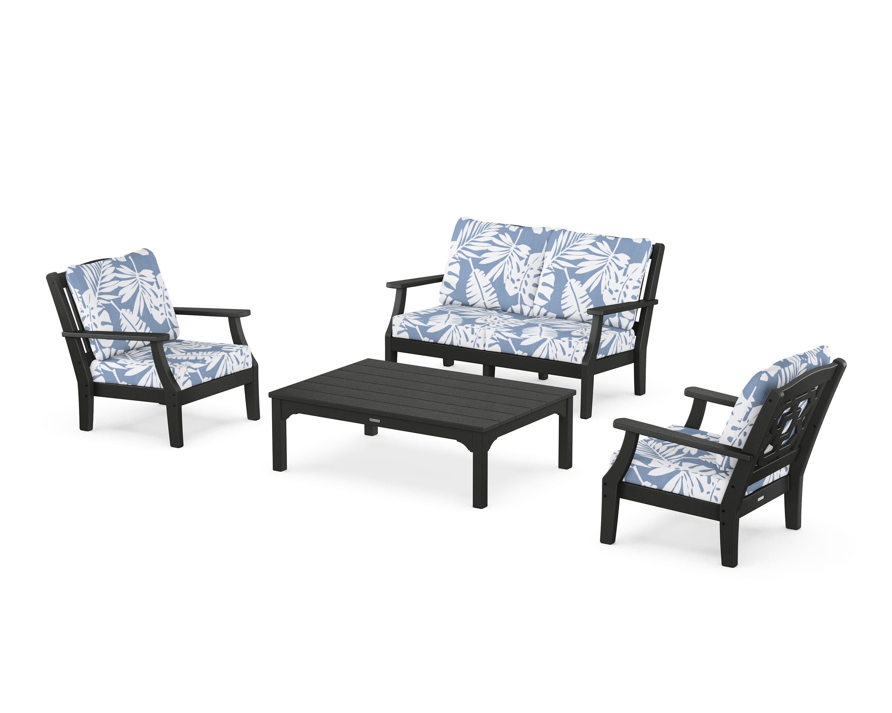 Martha Stewart by POLYWOOD Chinoiserie 4-Piece Deep Seating Set with Loveseat in Black / Leaf Sky Blue