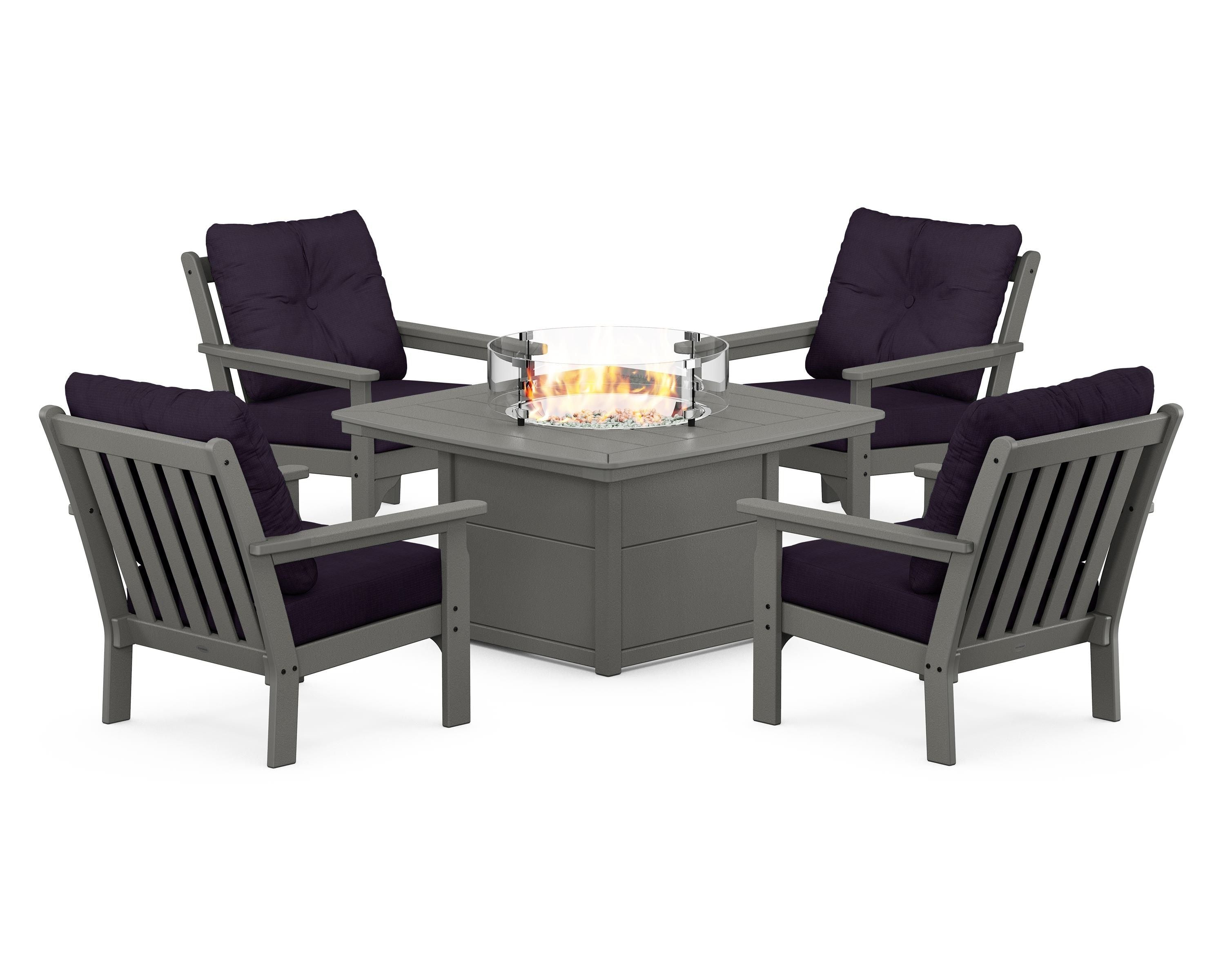 POLYWOOD Vineyard 5-Piece Conversation Set with Fire Pit Table in Slate Grey / Navy Linen
