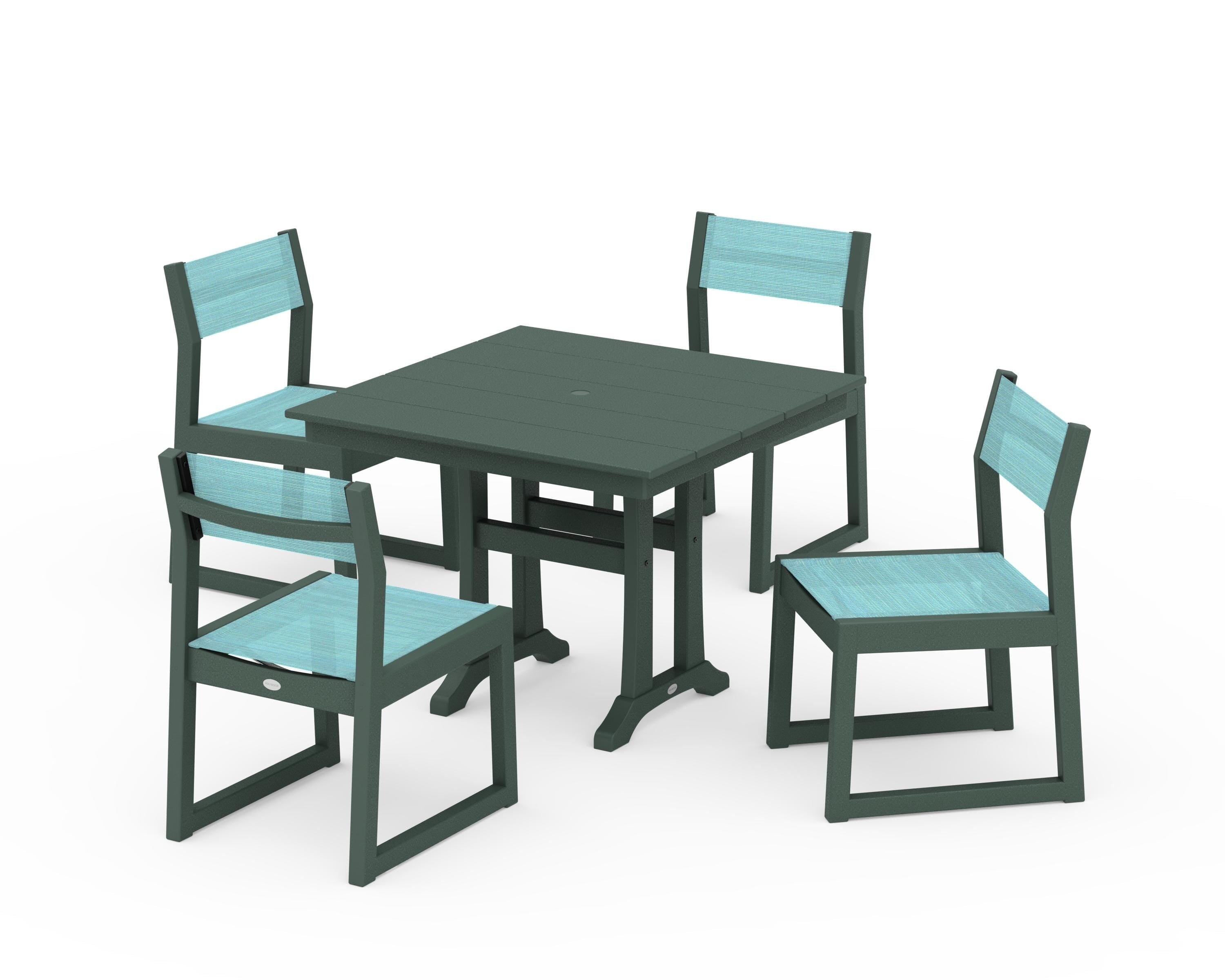POLYWOOD EDGE Sling 5-Piece Farmhouse Trestle Side Chair Dining Set in Green / Dupioni Aquamarine Sling