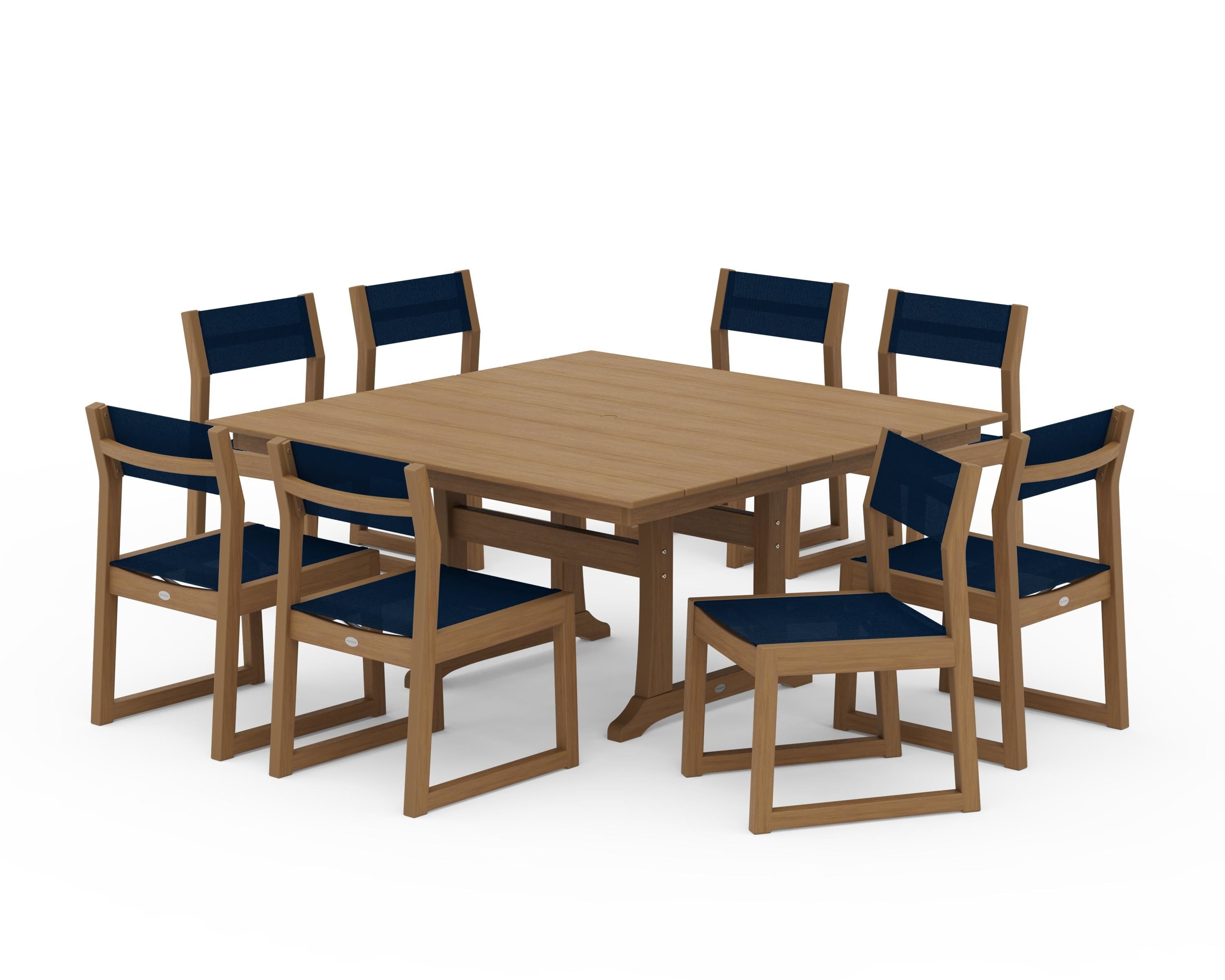 POLYWOOD EDGE Sling Side Chair 9-Piece Farmhouse Trestle Dining Set in Natural / Navy Blue Sling