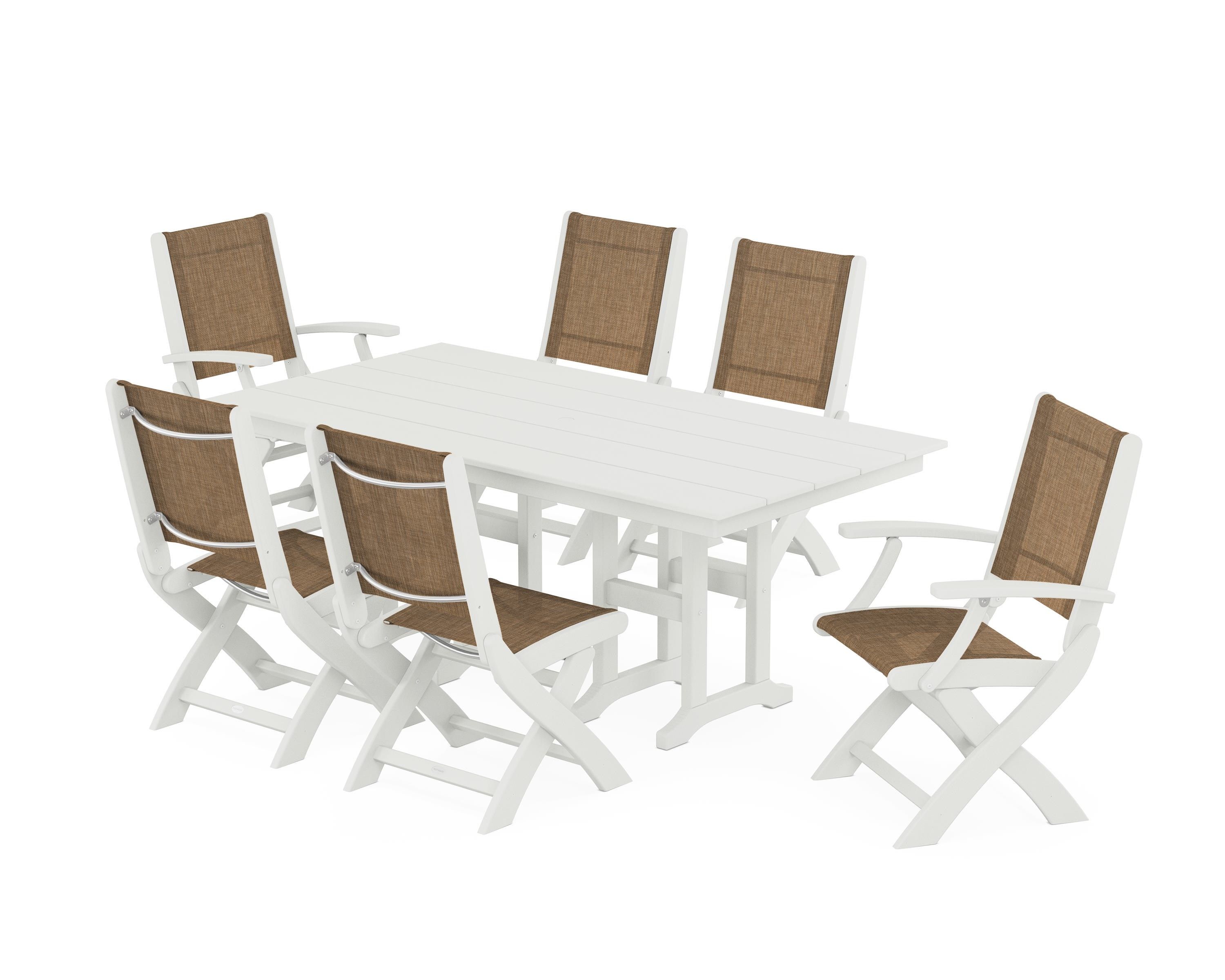 POLYWOOD Coastal Folding Chair 7-Piece Farmhouse Dining Set in Vintage White / Burlap Sling