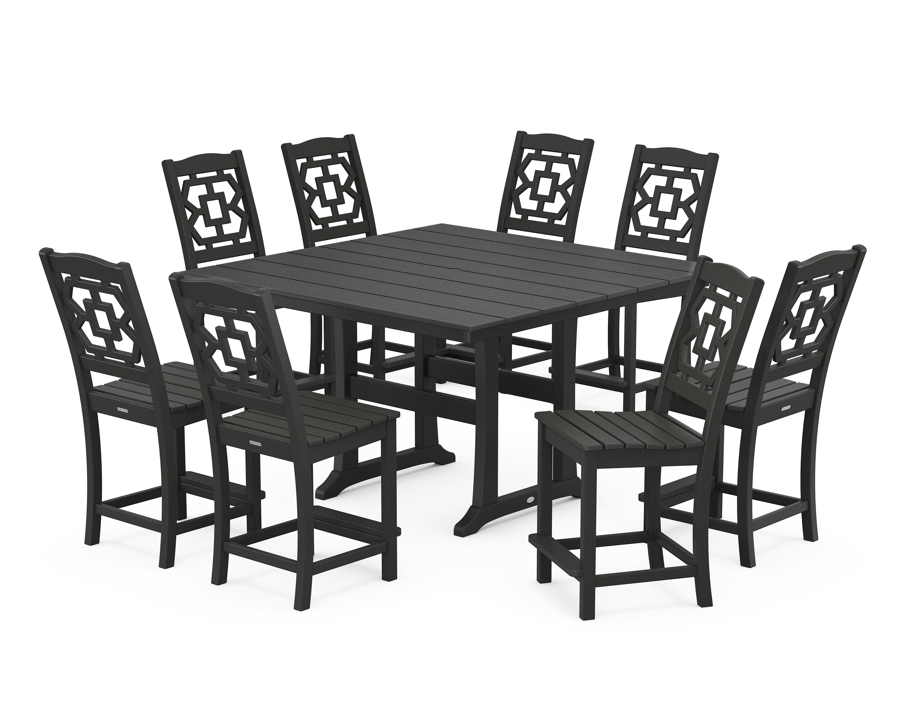 Martha Stewart by POLYWOOD® Chinoiserie 9-Piece Square Farmhouse Side Chair Counter Set with Trestle Legs in Black