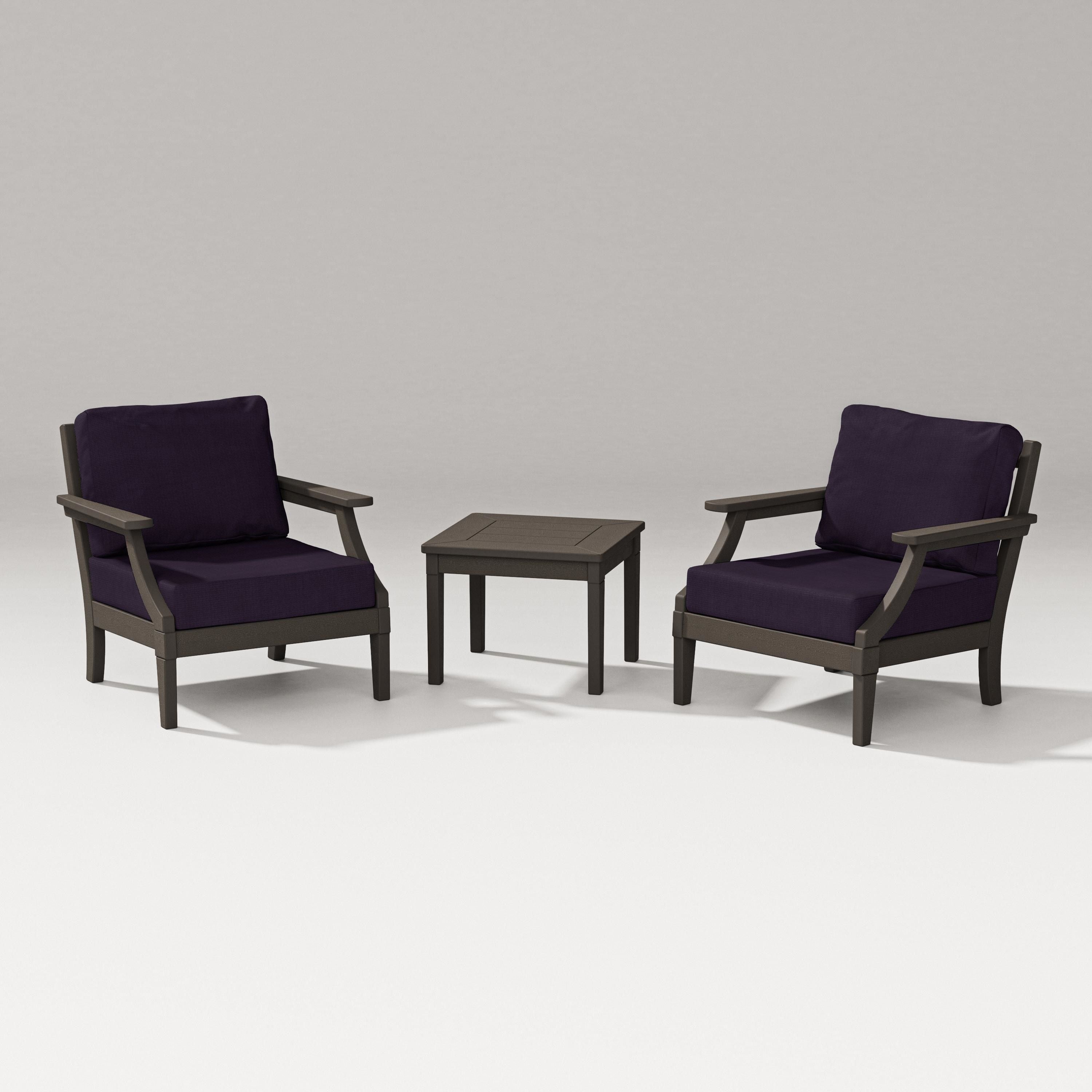 PW Designer Series Estate 3-Piece Lounge Chair Set in Vintage Coffee / Navy Linen