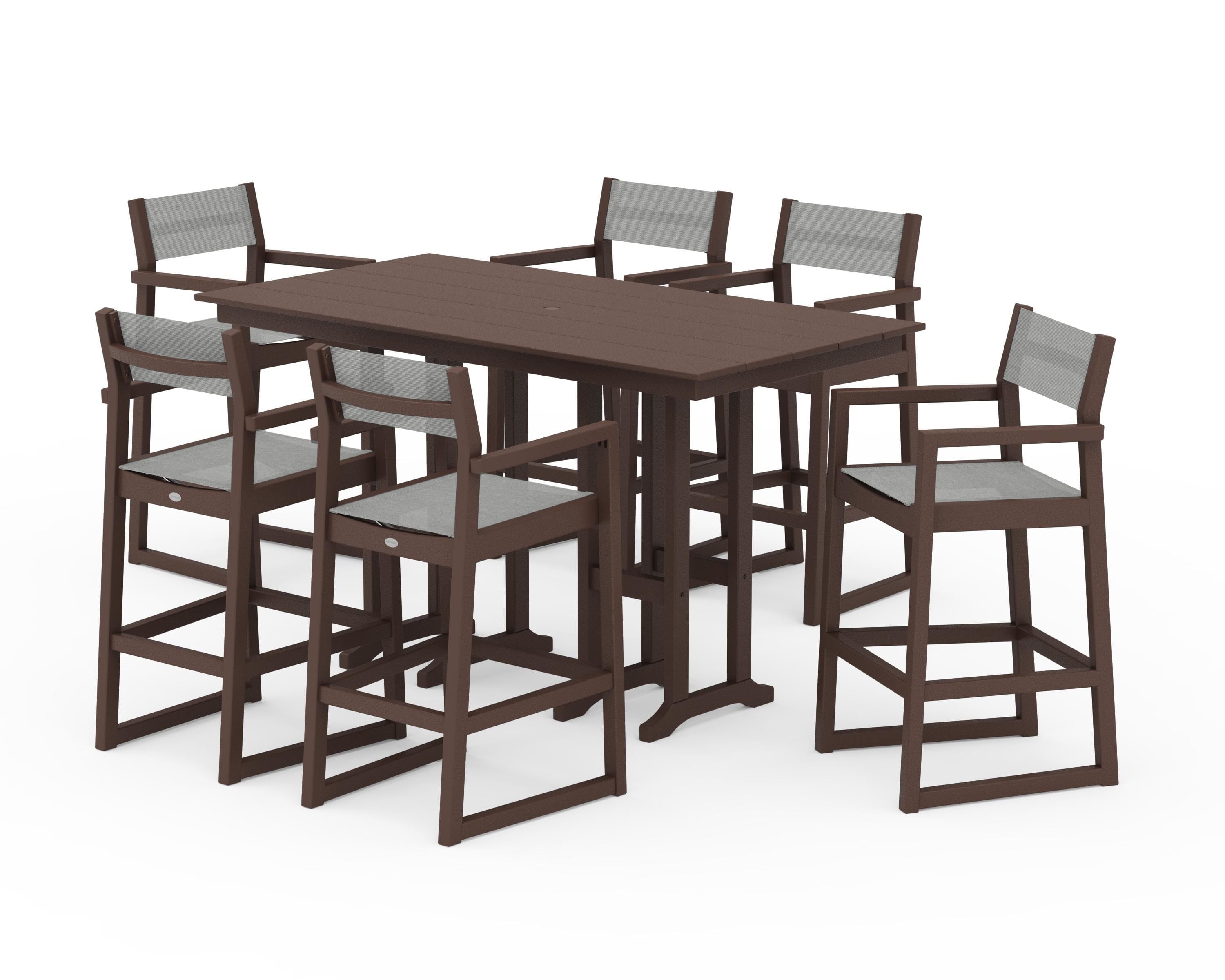 POLYWOOD EDGE Sling Arm Chair 7-Piece Farmhouse Bar Set in Mahogany / Metallic Sling