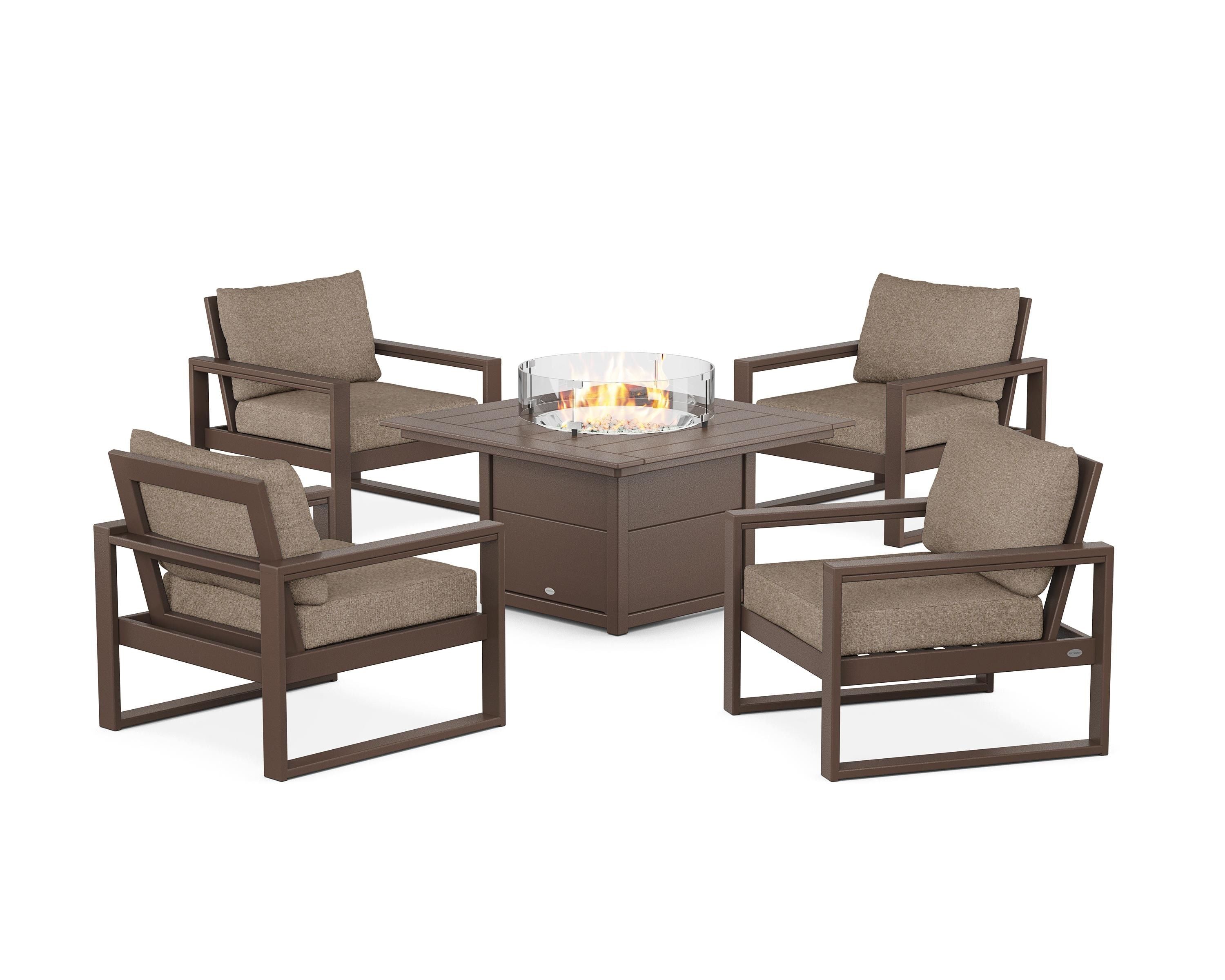 POLYWOOD EDGE Sectional 5-Piece Deep Seating Set with Fire Pit Table in Mahogany / Spiced Burlap