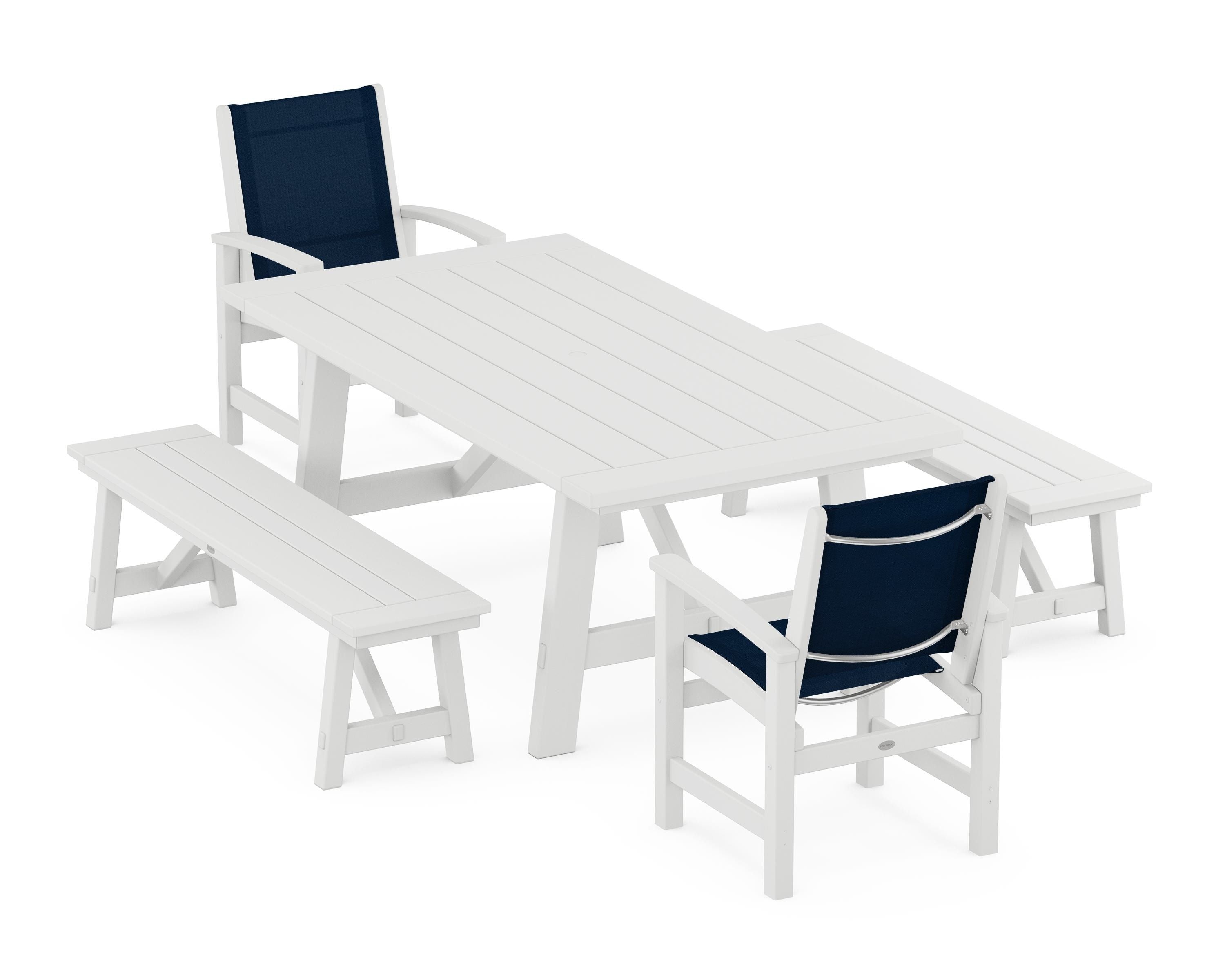 POLYWOOD Coastal 5-Piece Rustic Farmhouse Dining Set With Benches in White / Navy Blue Sling