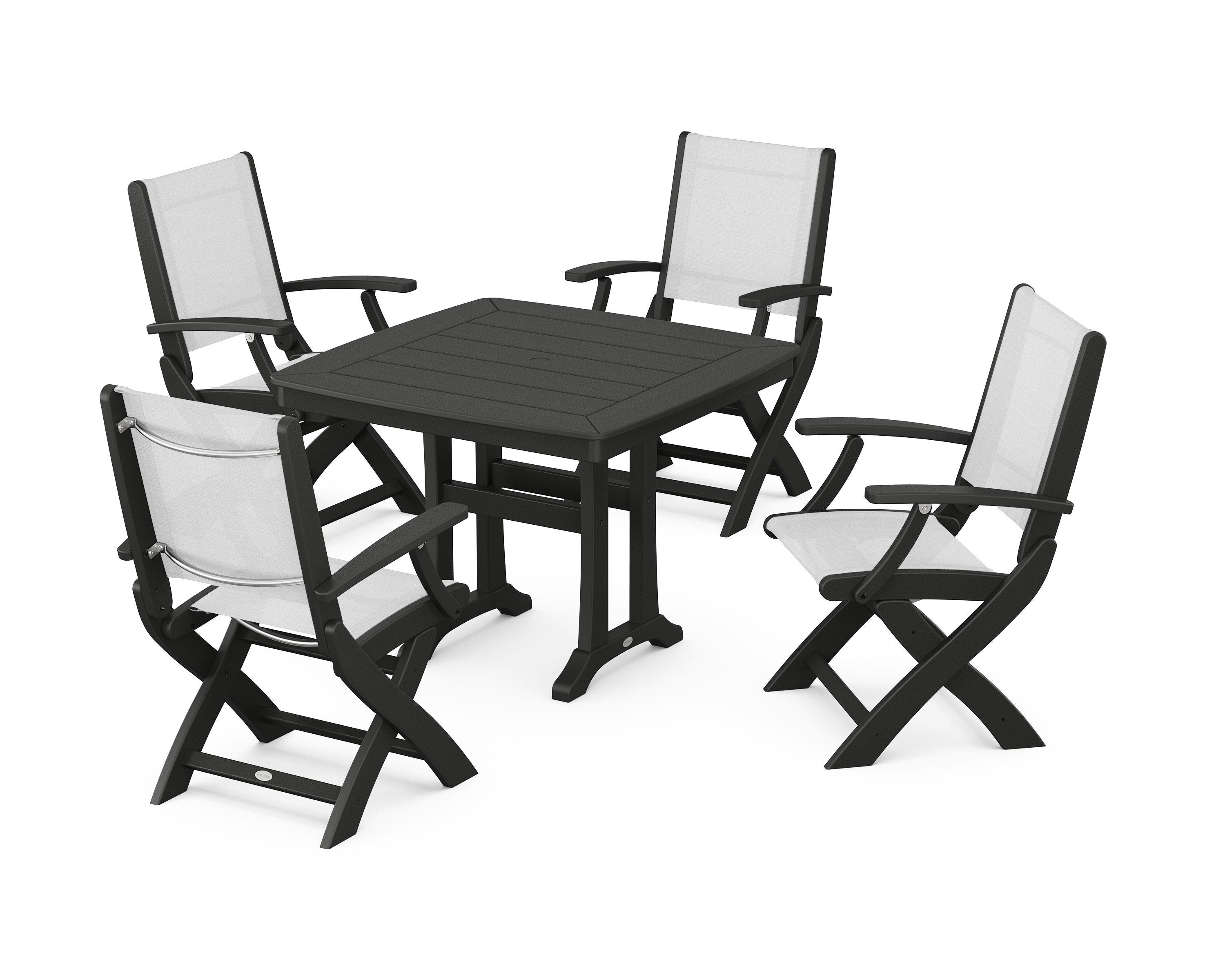 POLYWOOD Coastal Folding Chair 5-Piece Dining Set with Trestle Legs in Black / White Sling