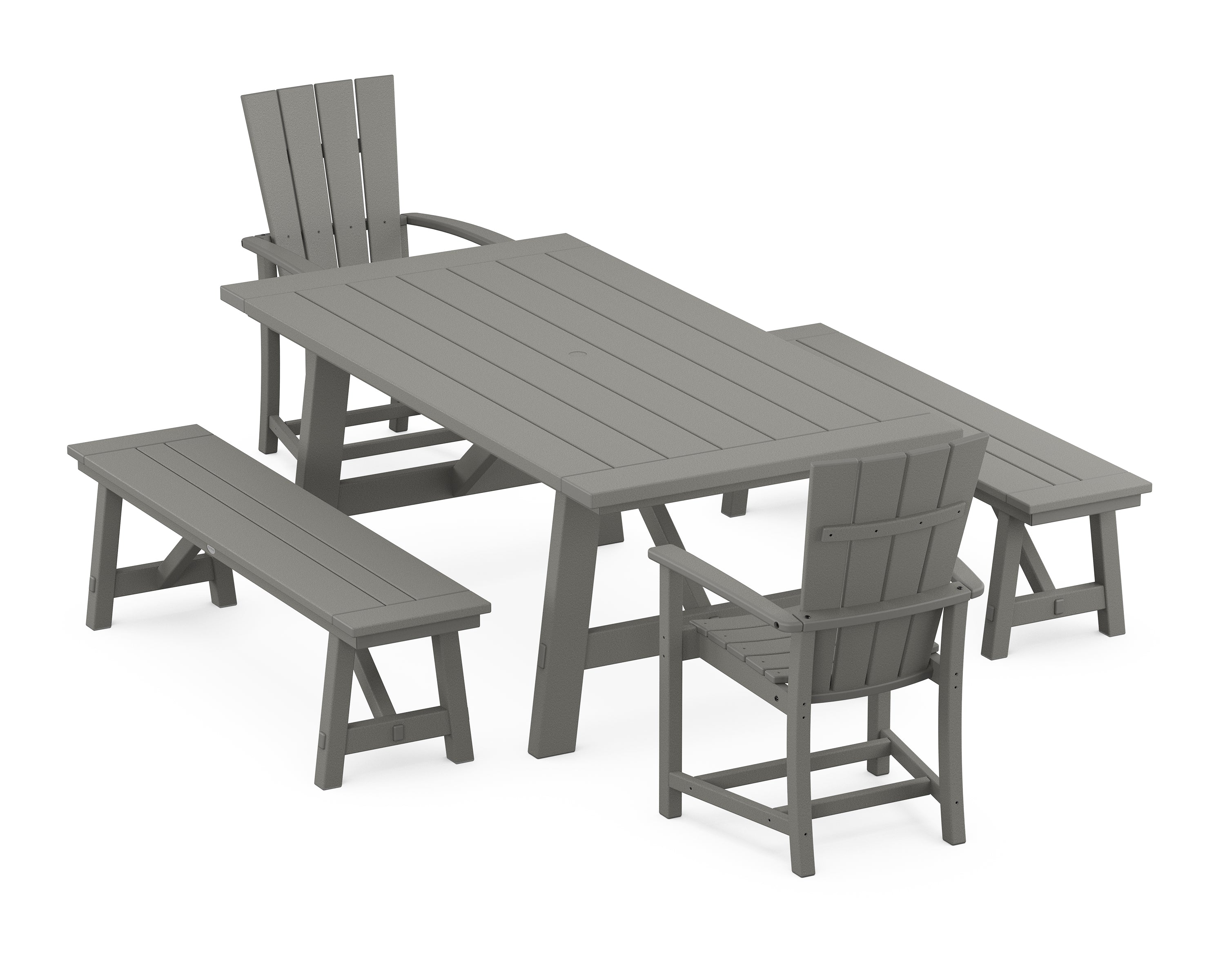 POLYWOOD® Quattro 5-Piece Rustic Farmhouse Dining Set With Benches in Slate Grey