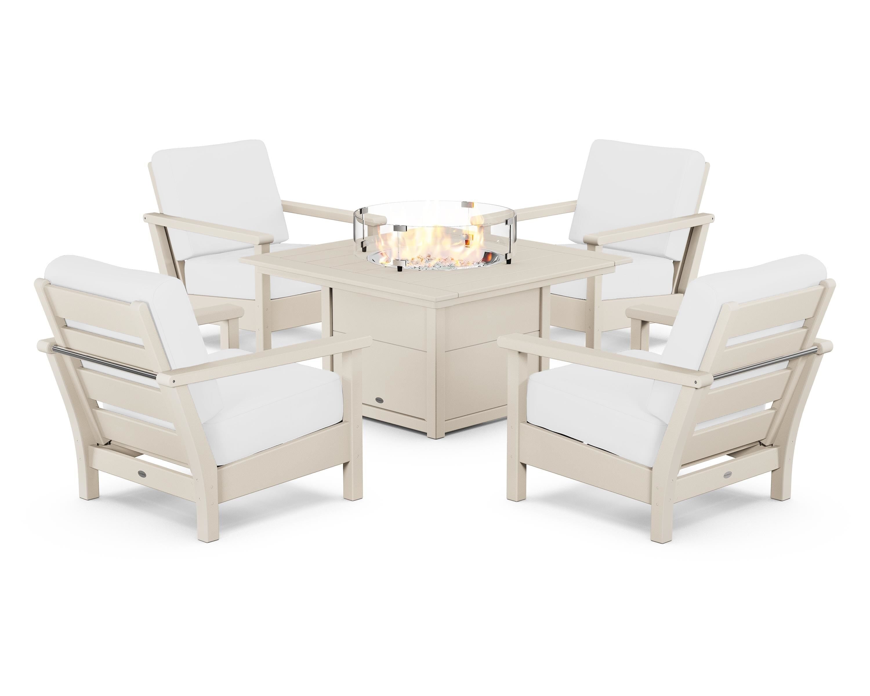 POLYWOOD Harbour 5-Piece Conversation Set with Fire Pit Table in Sand / Natural