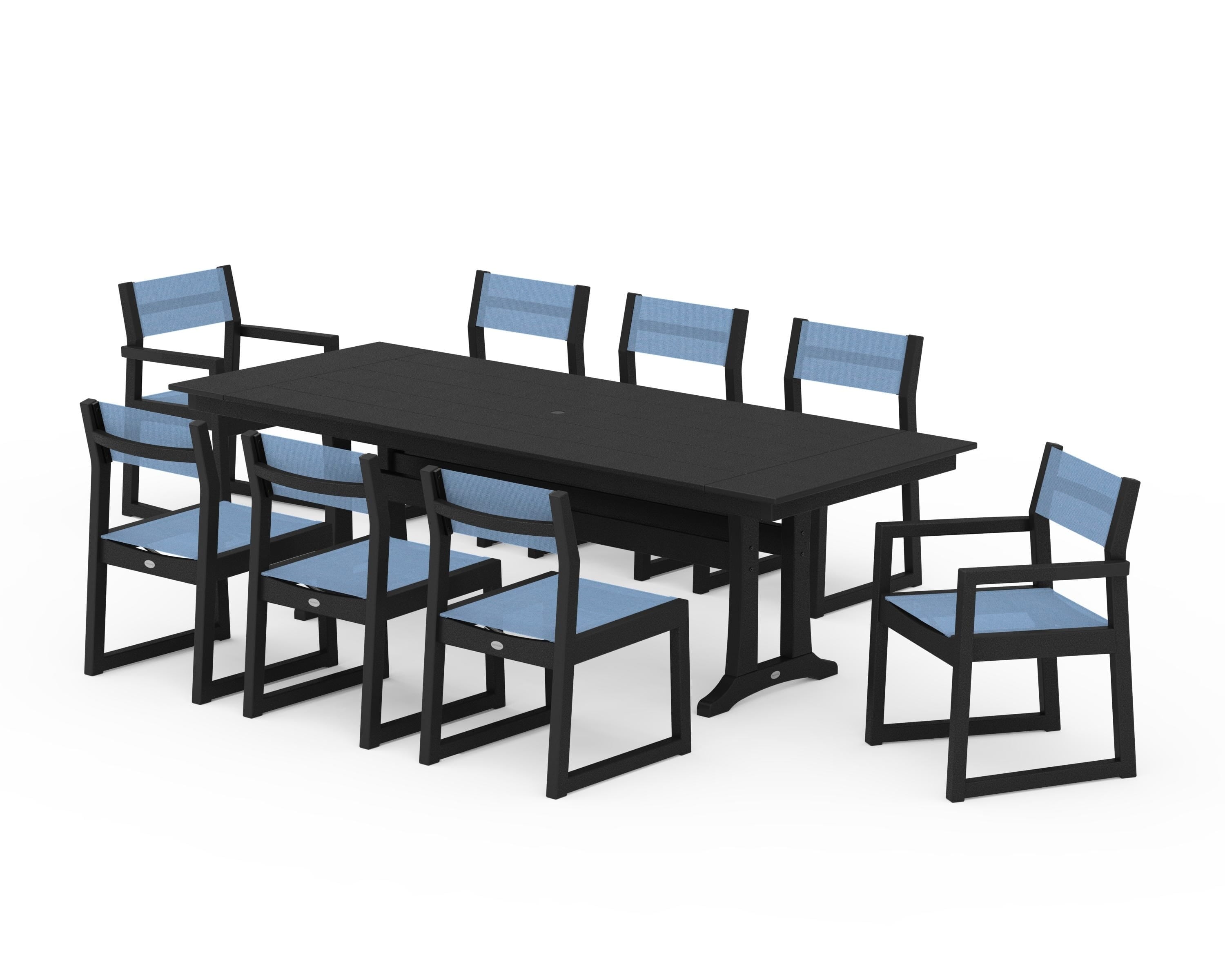 POLYWOOD EDGE Sling 9-Piece Farmhouse Trestle Dining Set in Black / Poolside Sling