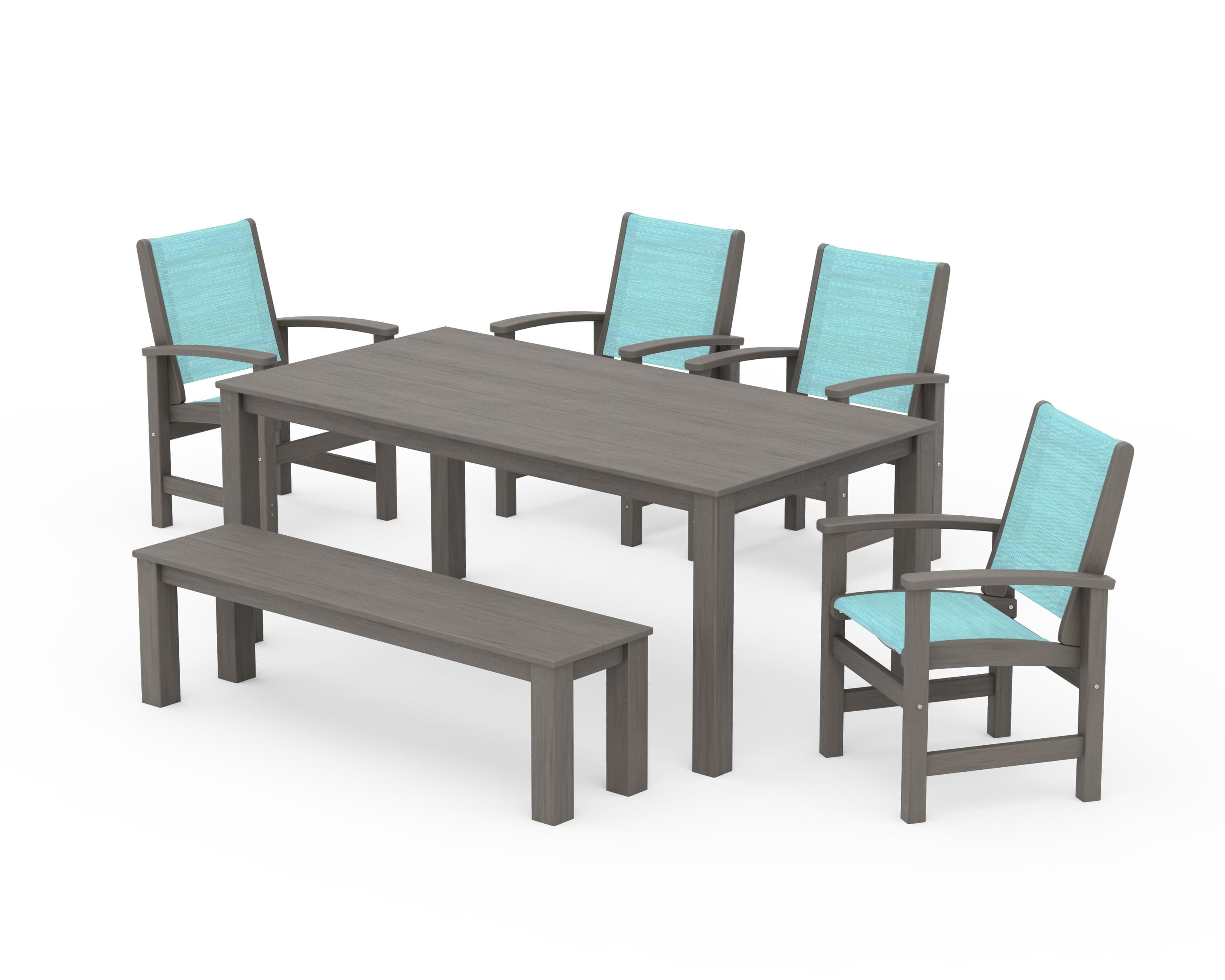 POLYWOOD Coastal 6-Piece Parsons Dining Set with Bench in Driftwood / Dupioni Aquamarine Sling