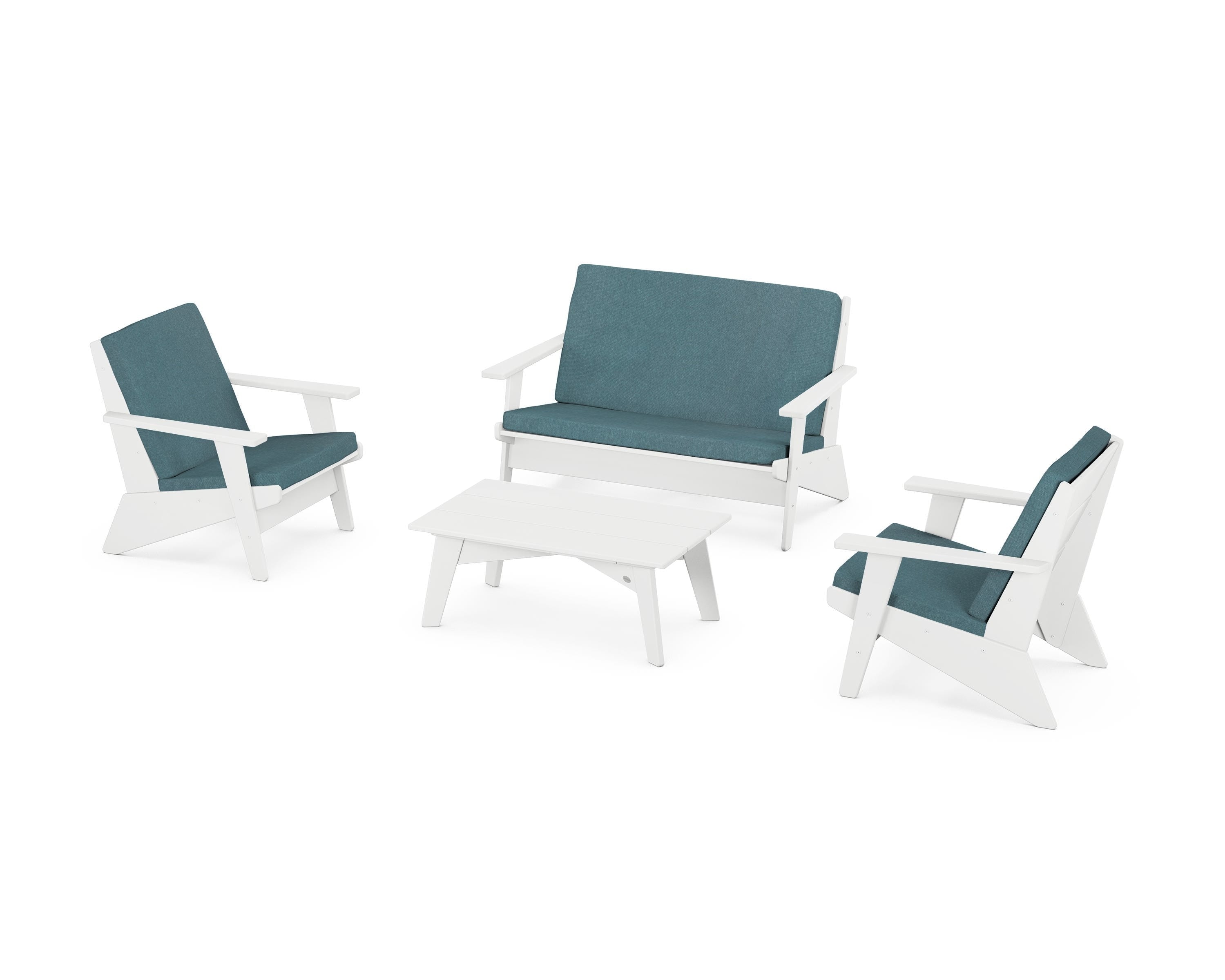 POLYWOOD Riviera Modern Lounge 4-Piece Set in White / Ocean Teal