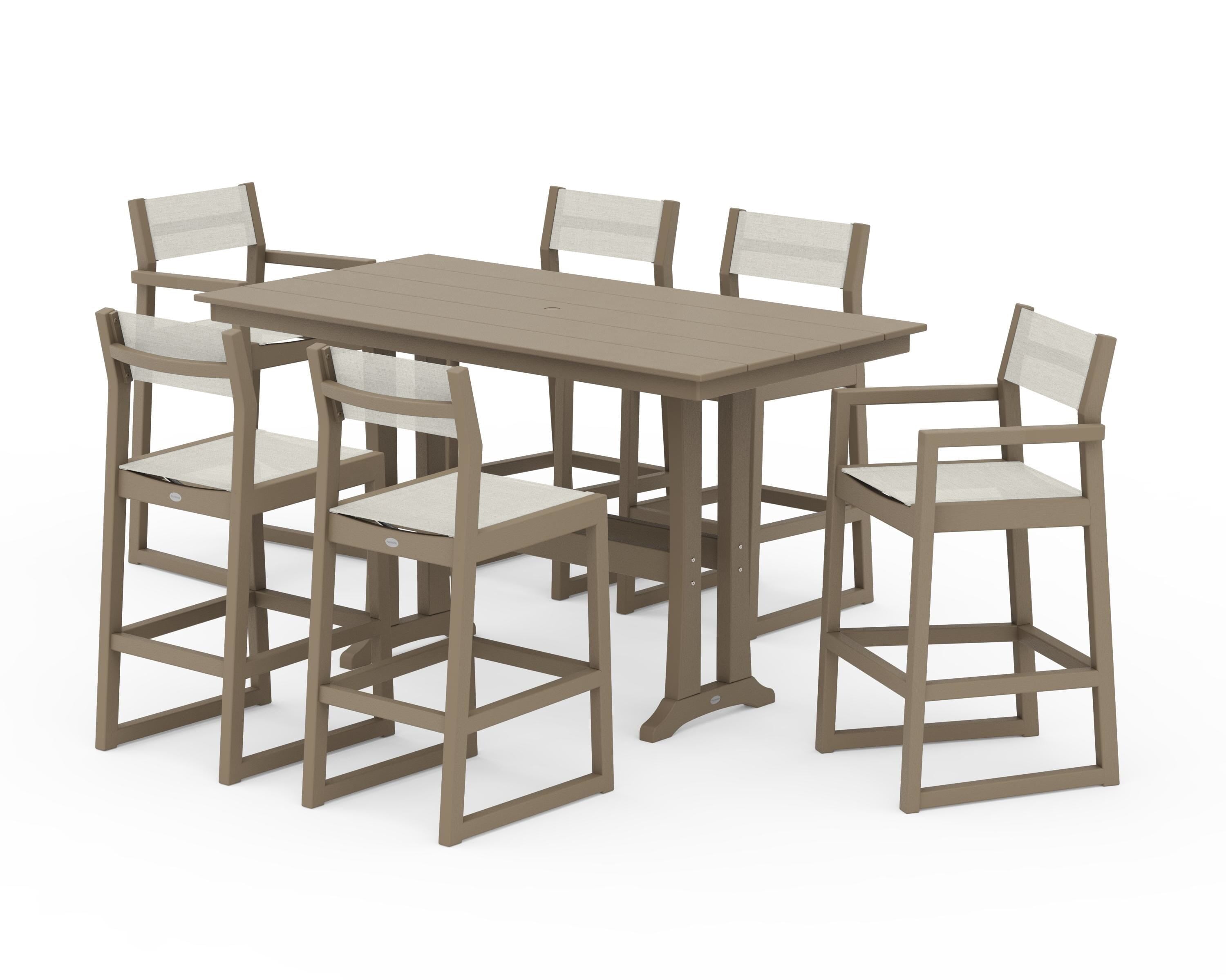 POLYWOOD EDGE Sling 7-Piece Farmhouse Bar Set with Trestle Legs in Vintage Sahara / Parchment Sling