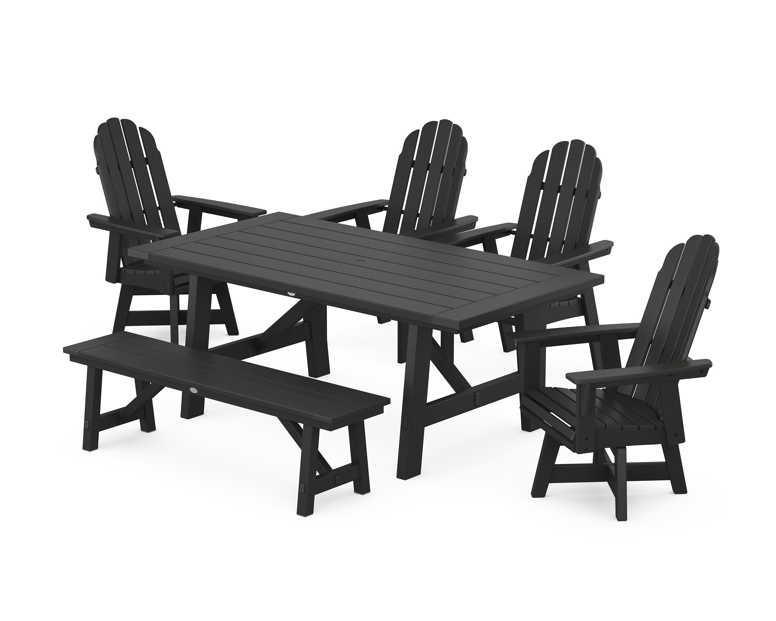 POLYWOOD® Vineyard Curveback Adirondack Swivel Chair 6-Piece Rustic Farmhouse Dining Set With Bench in Black
