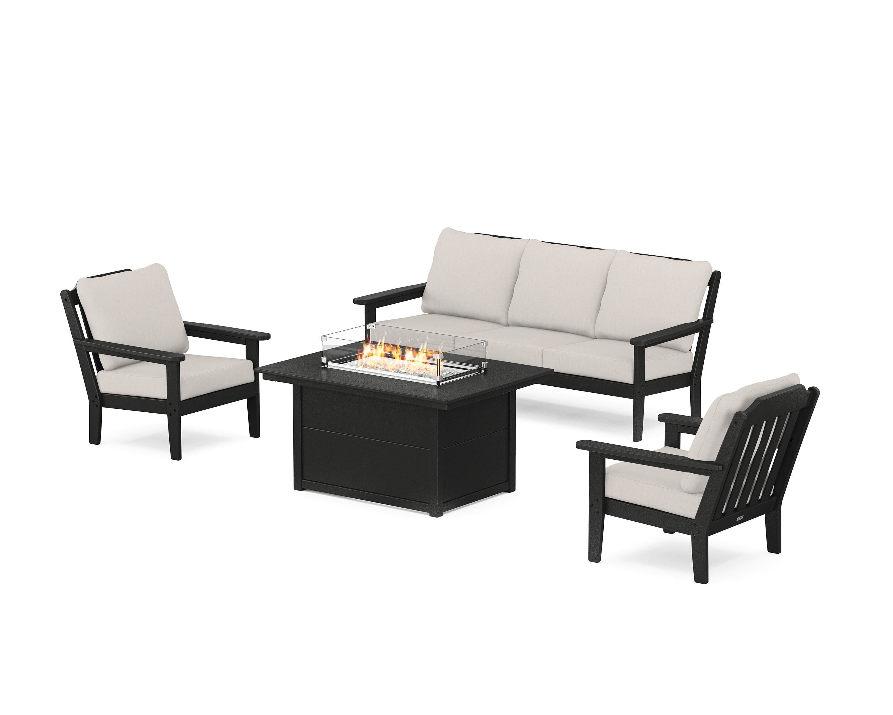 Country Living Cottage Deep Seating Fire Pit Table Set in Black / Cast Ash
