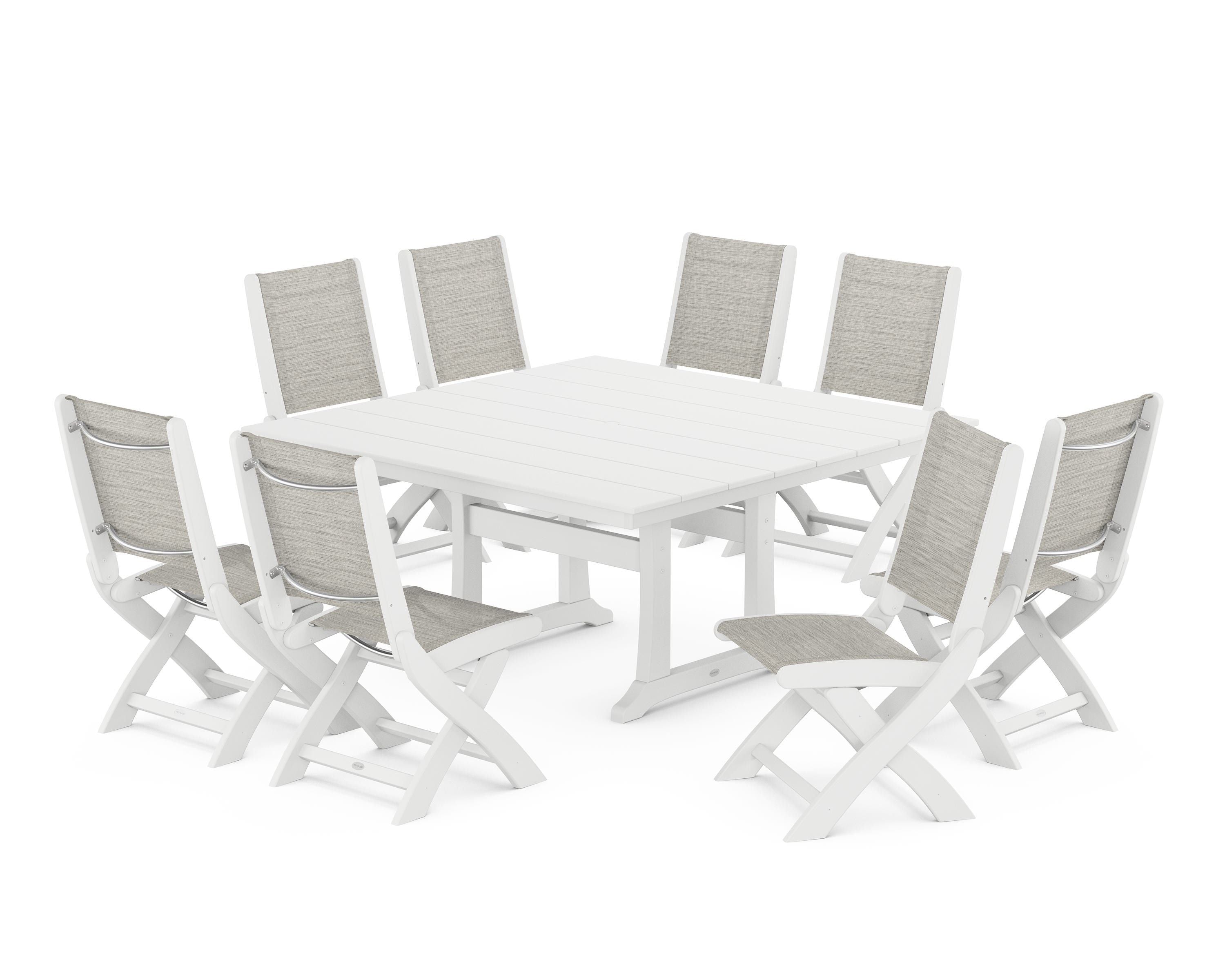 POLYWOOD Coastal Folding Side Chair 9-Piece Farmhouse Dining Set in White / Birch Sling