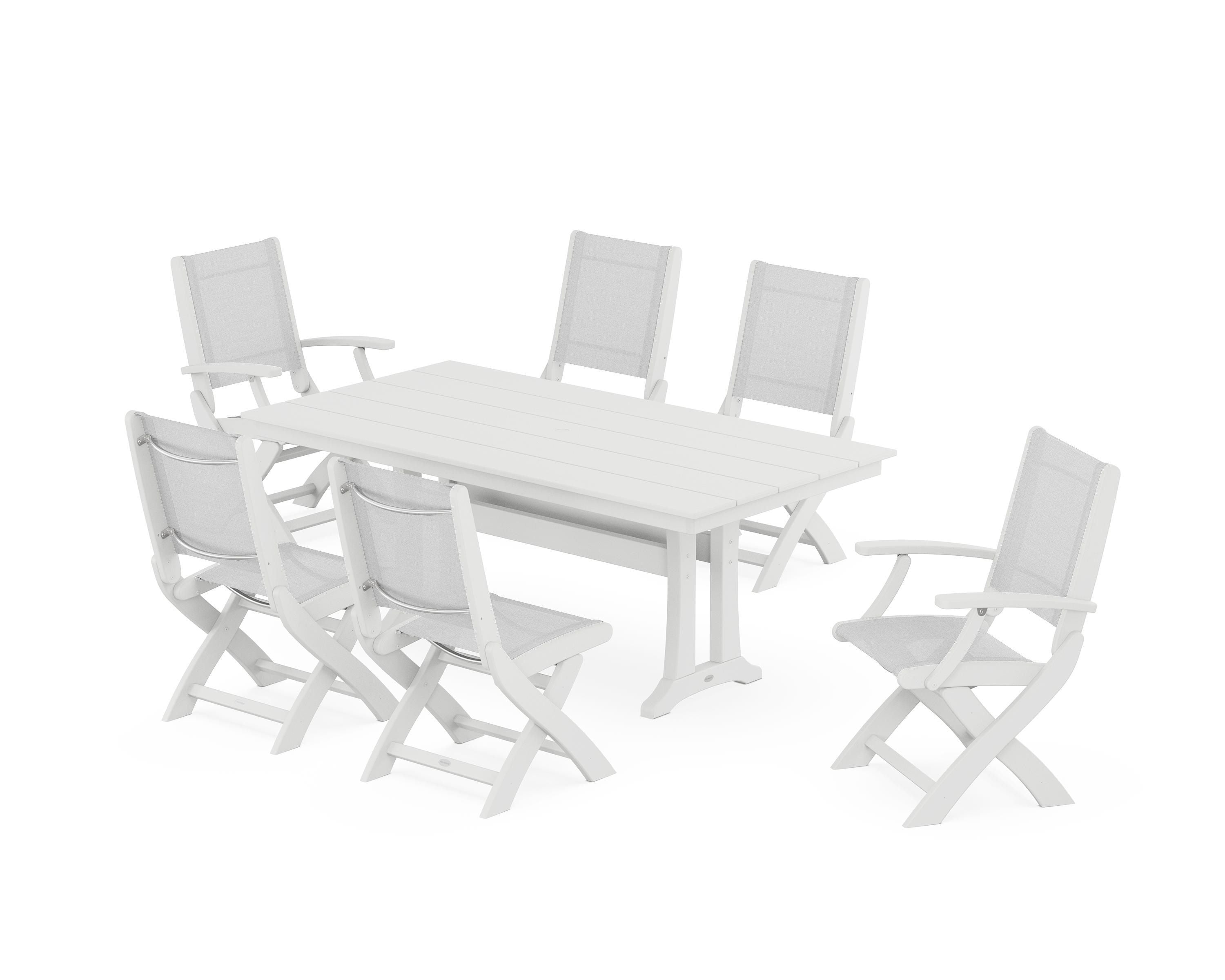 POLYWOOD Coastal Folding Chair 7-Piece Farmhouse Dining Set with Trestle Legs in White / White Sling