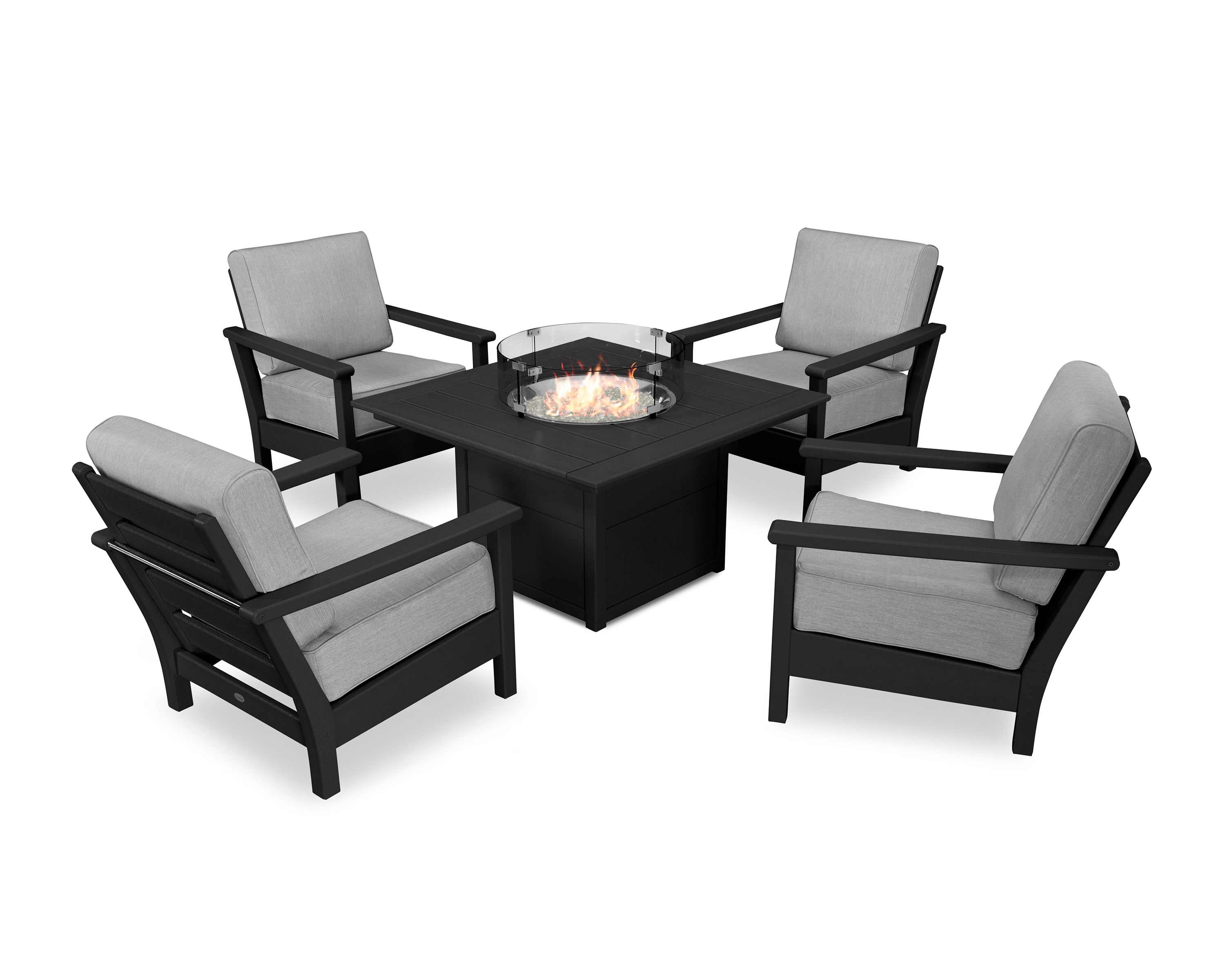 POLYWOOD Harbour 5-Piece Conversation Set with Fire Pit Table in Black / Granite