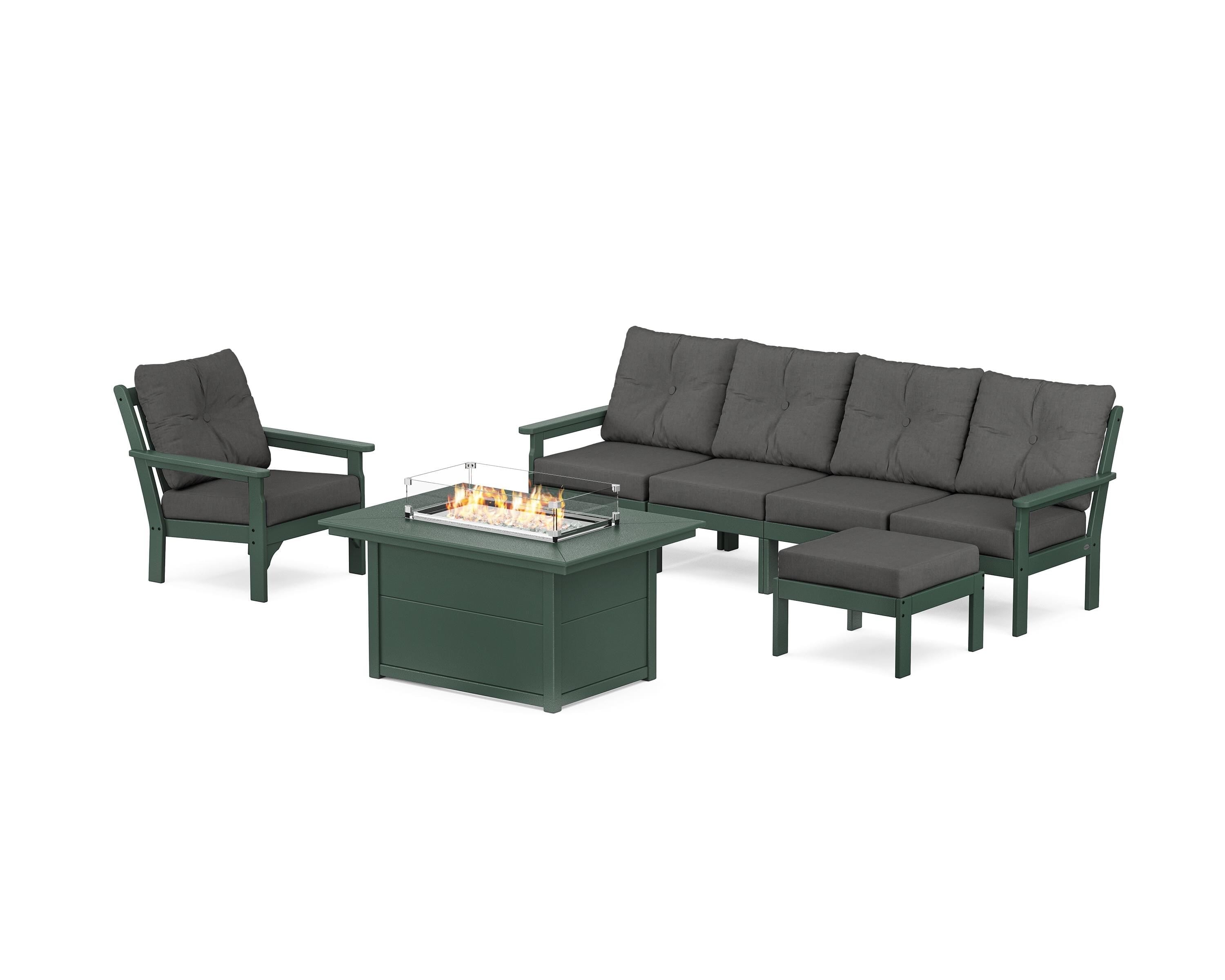 POLYWOOD Vineyard Sectional Lounge and Fire Pit Set in Green / Spectrum Carbon