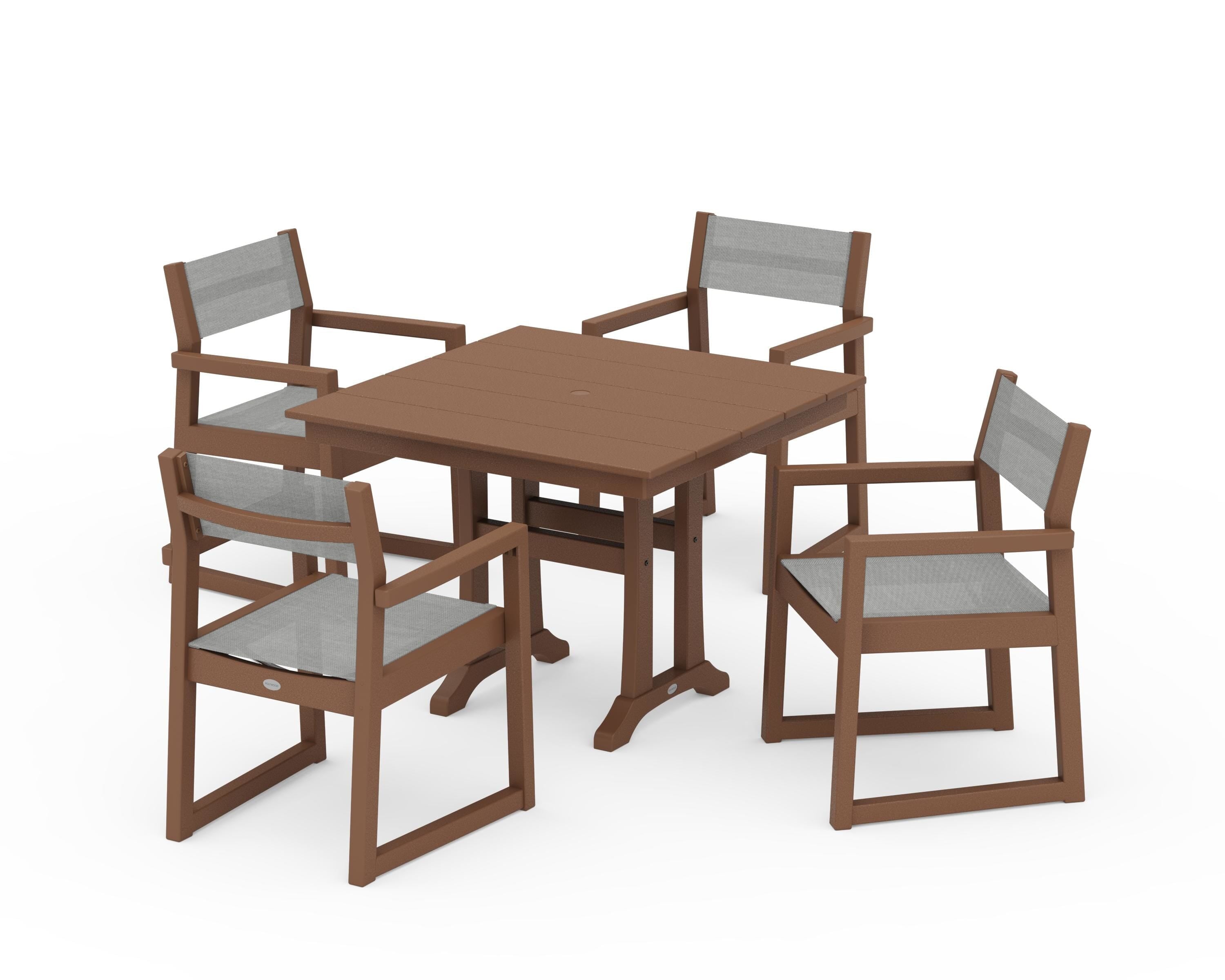 POLYWOOD EDGE Sling 5-Piece Farmhouse Dining Set with Trestle Legs in Teak / Metallic Sling