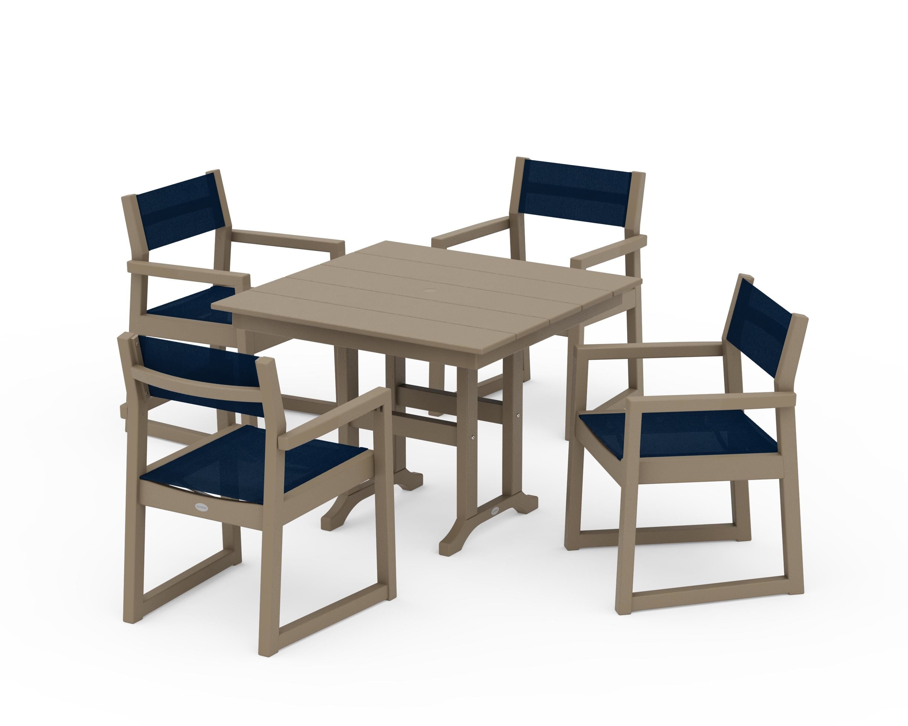 POLYWOOD EDGE Sling Arm Chair 5-Piece Farmhouse Dining Set in Vintage Sahara / Navy Blue Sling