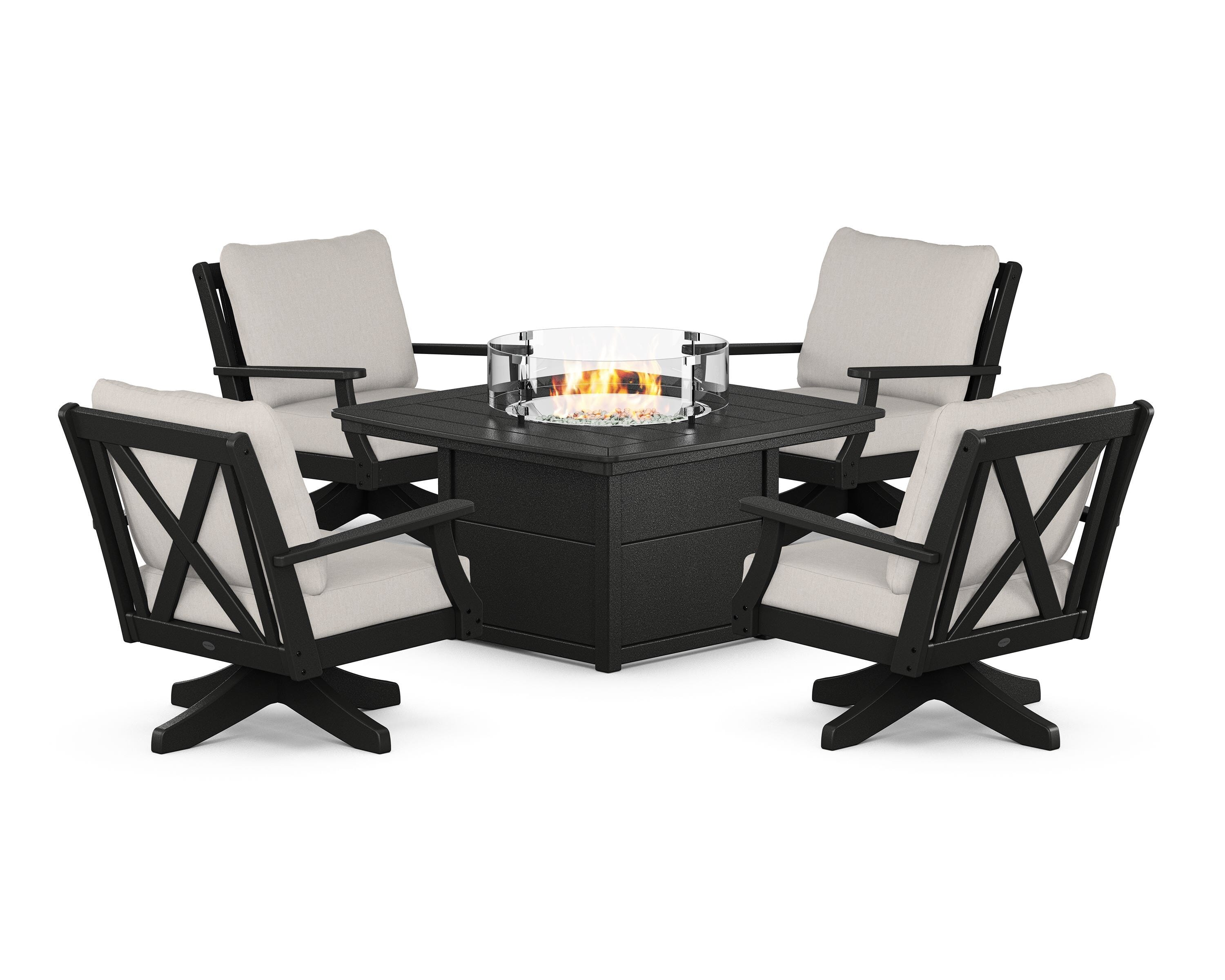 POLYWOOD Braxton 5-Piece Deep Seating Swivel Conversation Set with Fire Pit Table in Black / Cast Ash