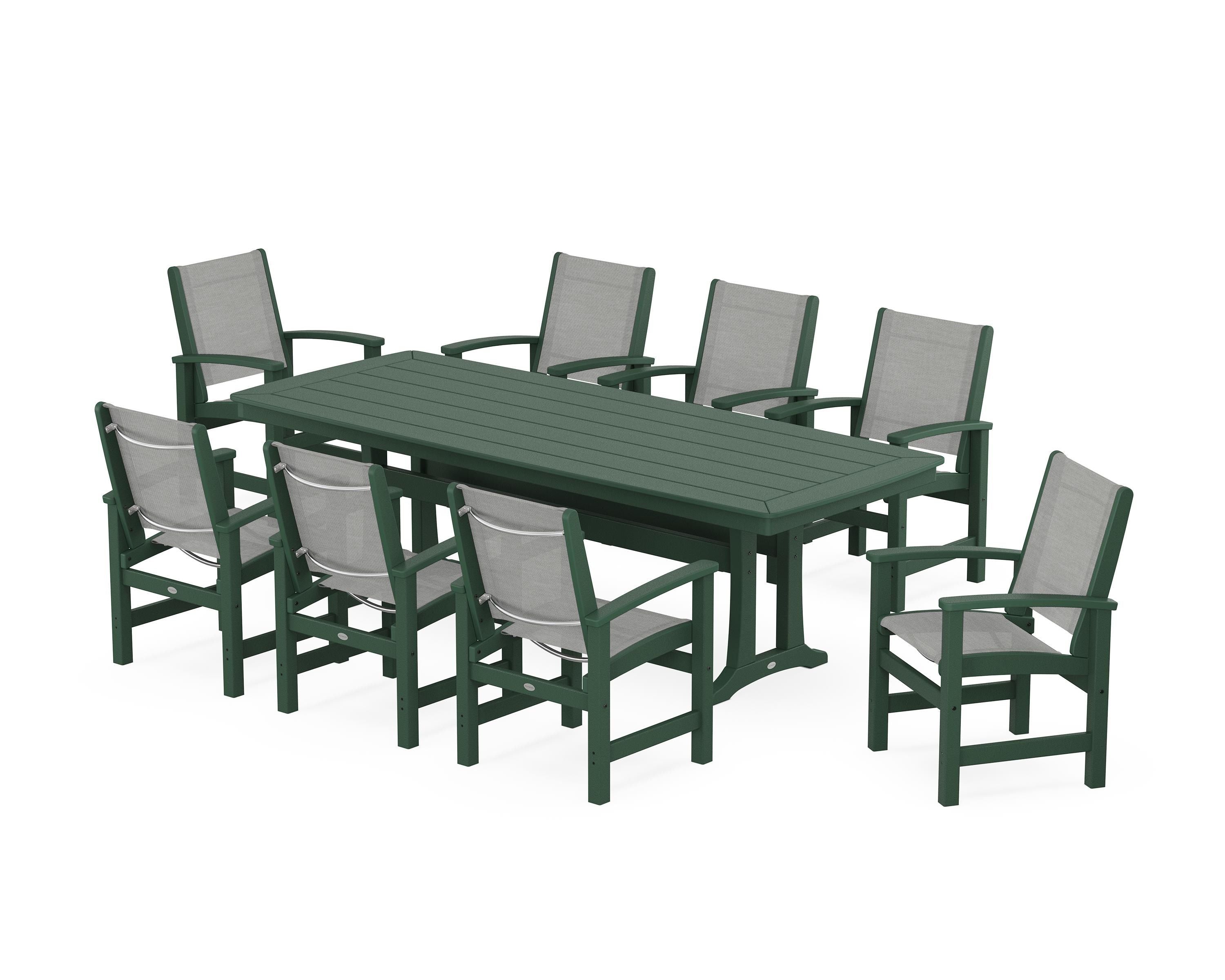 POLYWOOD Coastal 9-Piece Dining Set with Trestle Legs in Green / Metallic Sling