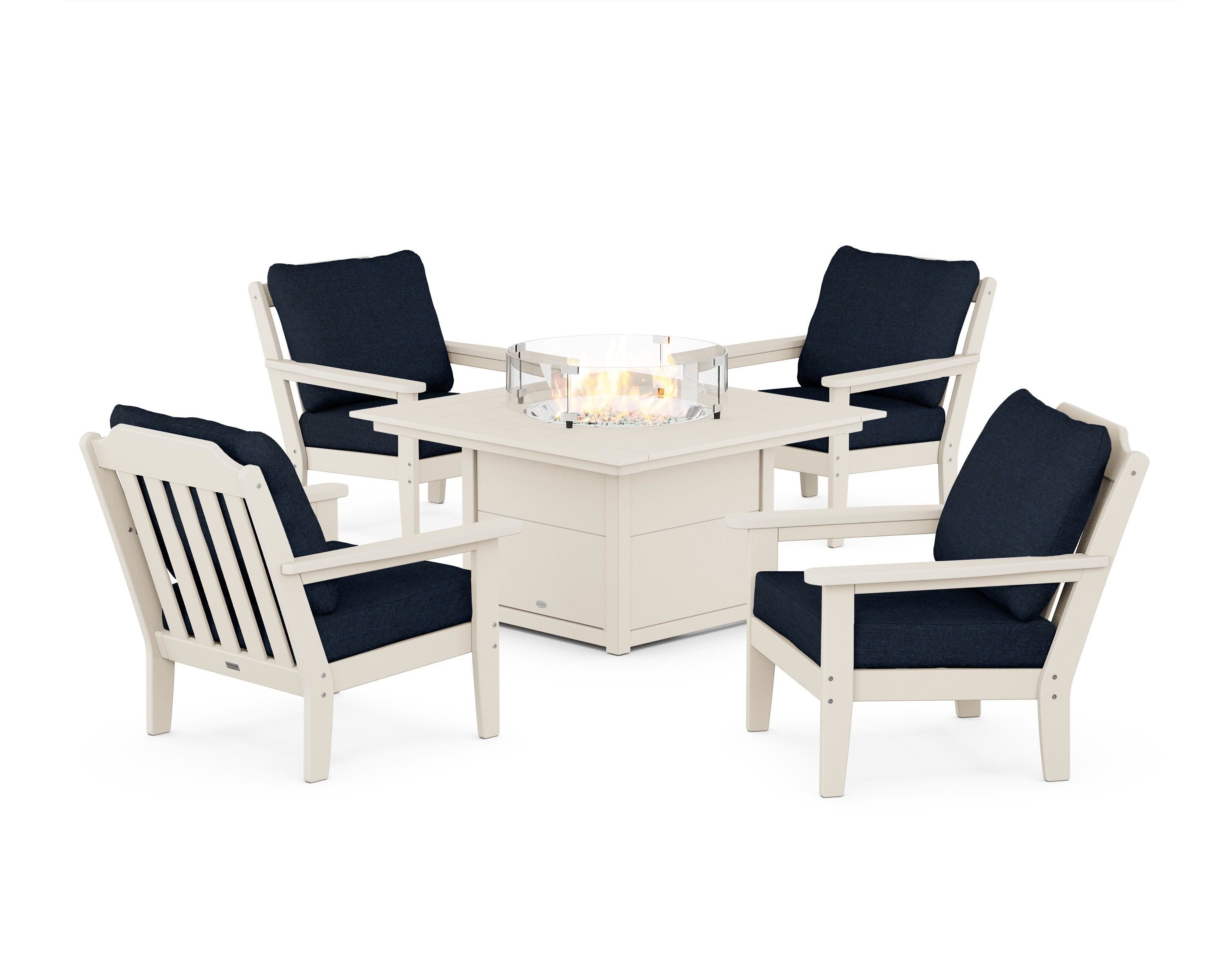 Country Living Cottage 5-Piece Deep Seating Set with Fire Pit Table in Sand / Marine Indigo