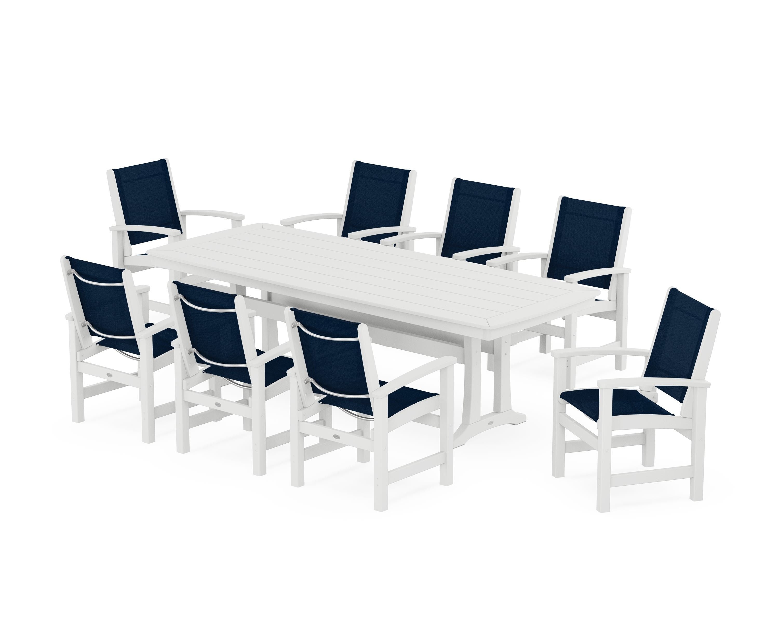 POLYWOOD Coastal 9-Piece Dining Set with Trestle Legs in White / Navy Blue Sling