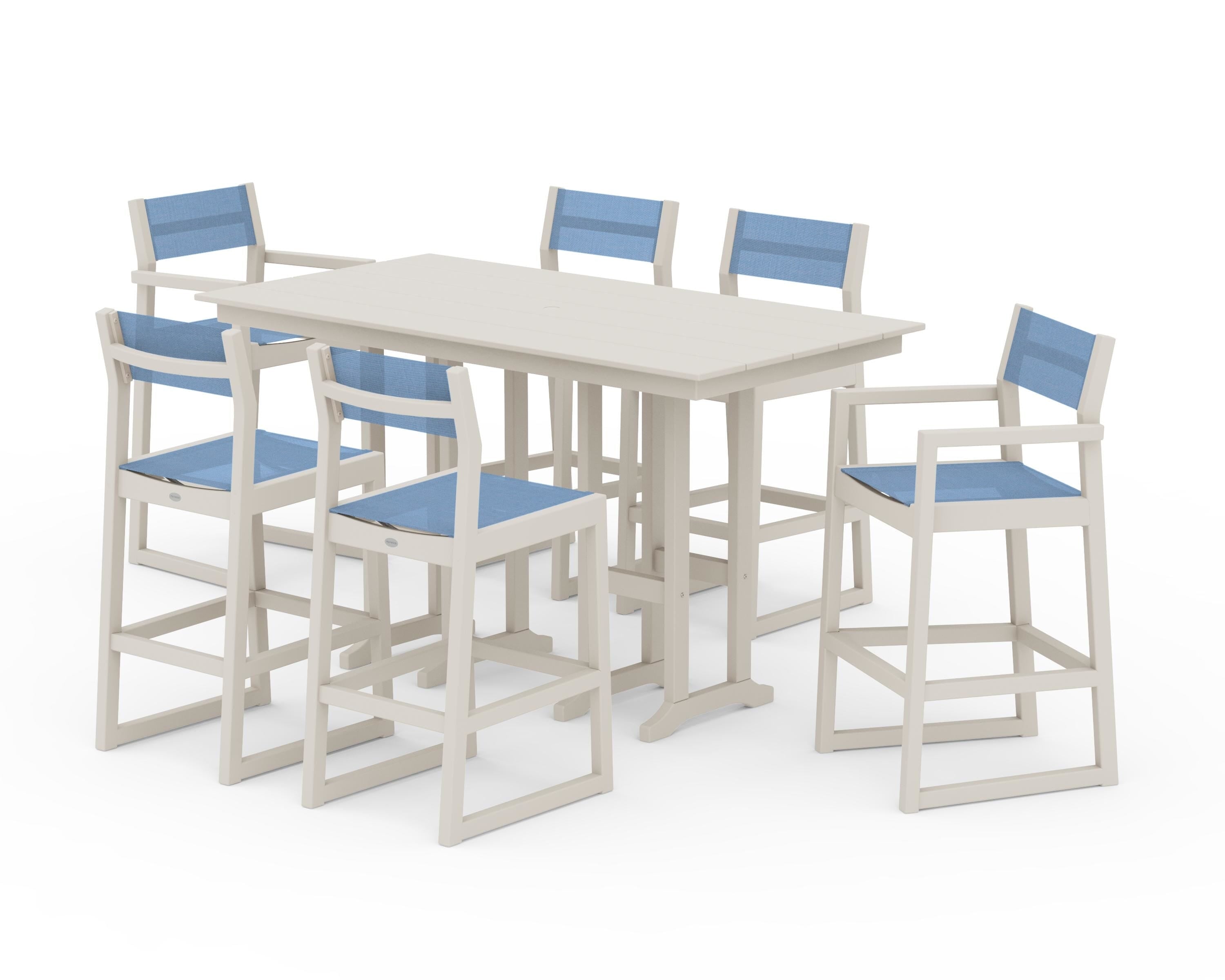 POLYWOOD EDGE Sling 7-Piece Farmhouse Bar Set in Sand / Poolside Sling