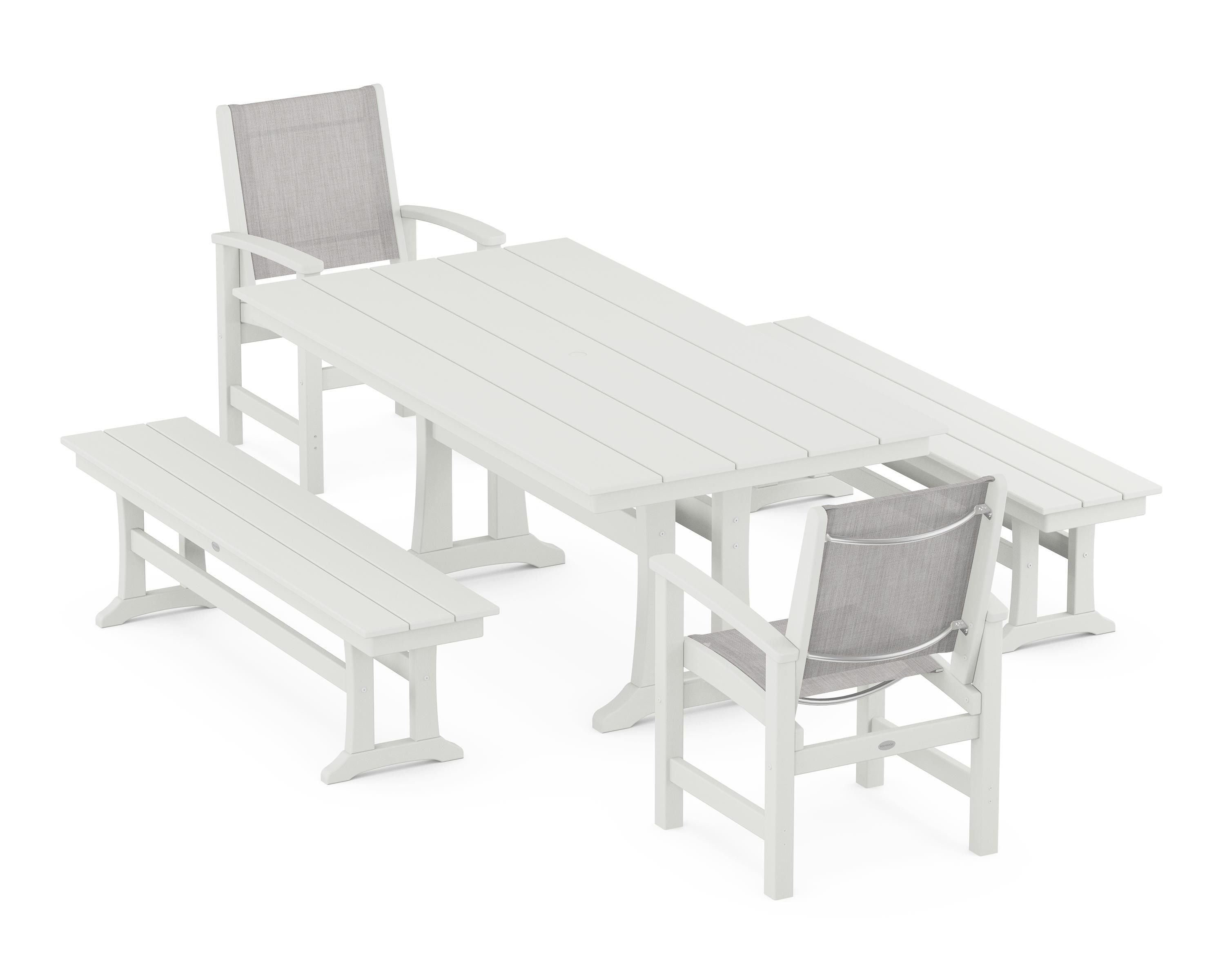 POLYWOOD Coastal 5-Piece Farmhouse Dining Set with Trestle Legs and Benches in Vintage White / Parchment Sling