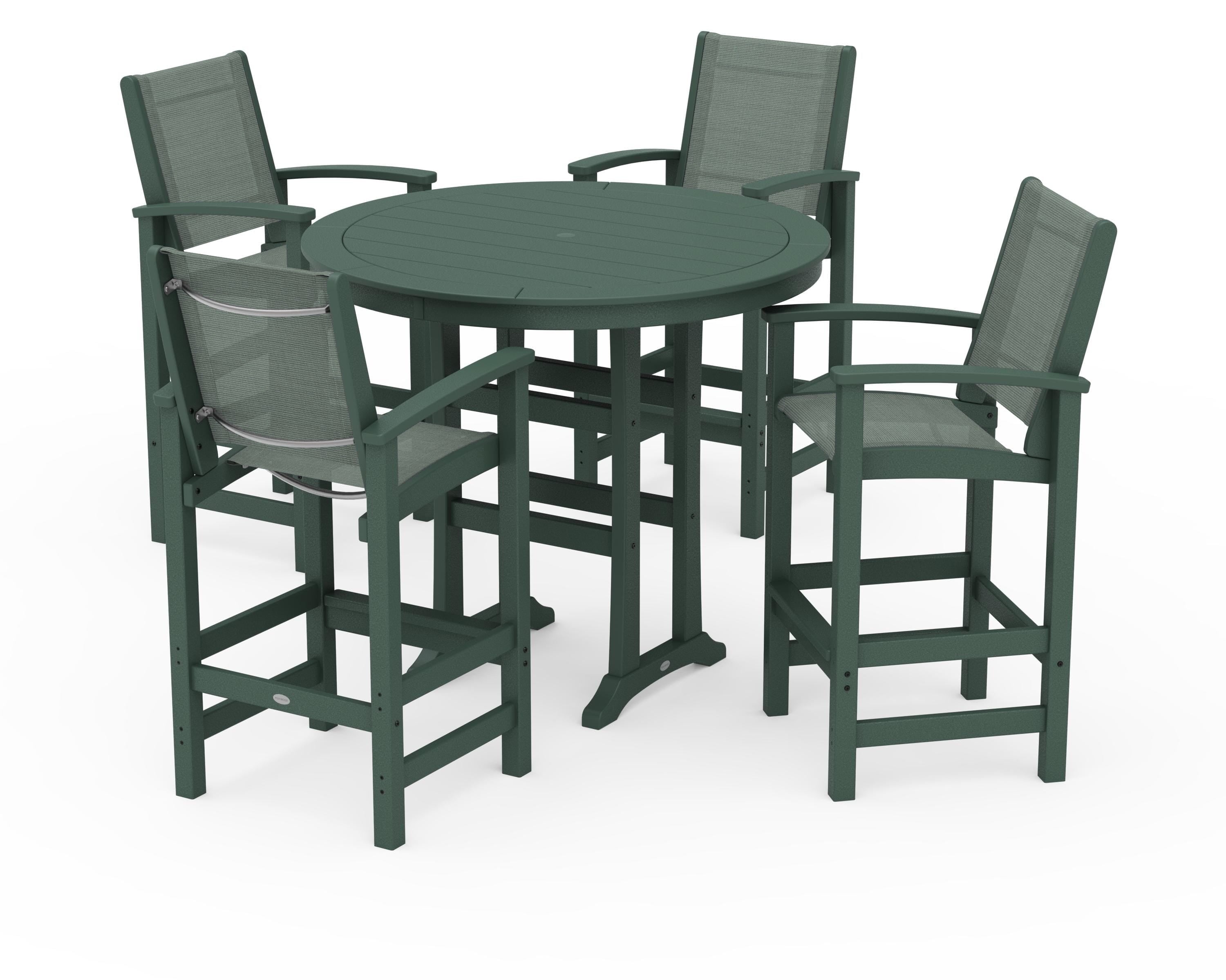 POLYWOOD Coastal 5-Piece Nautical Trestle Bar Set in Green / Dupioni Sea Mist Sling