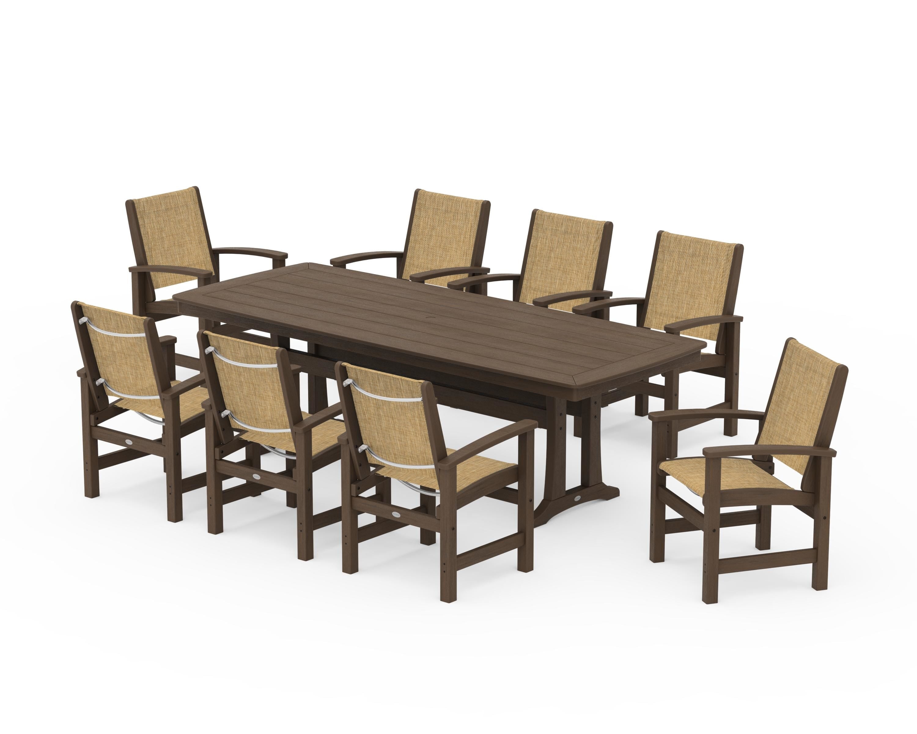POLYWOOD Coastal 9-Piece Dining Set with Trestle Legs in Kona / Burlap Sling