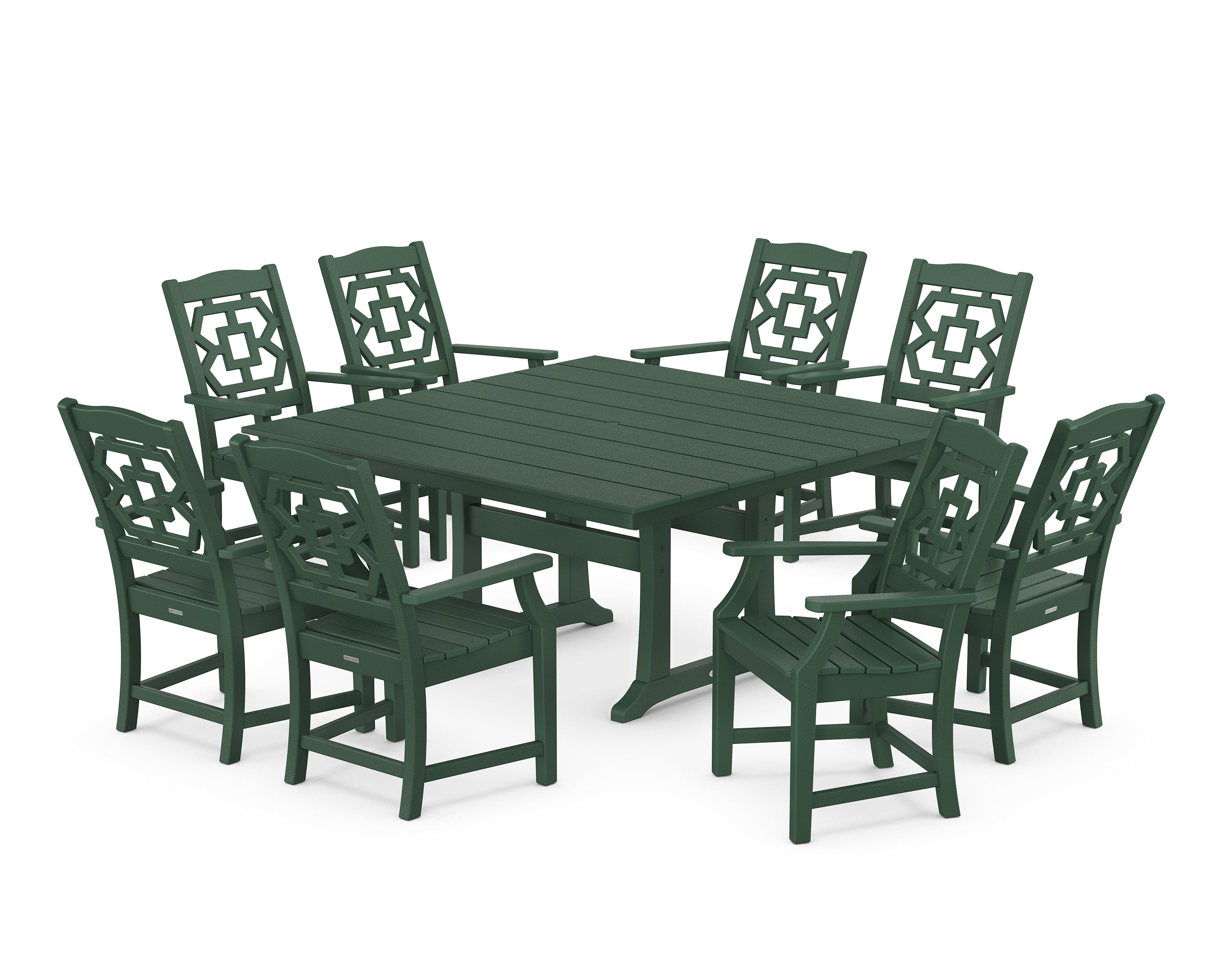 Martha Stewart by POLYWOOD® Chinoiserie 9-Piece Square Farmhouse Dining Set with Trestle Legs in Green