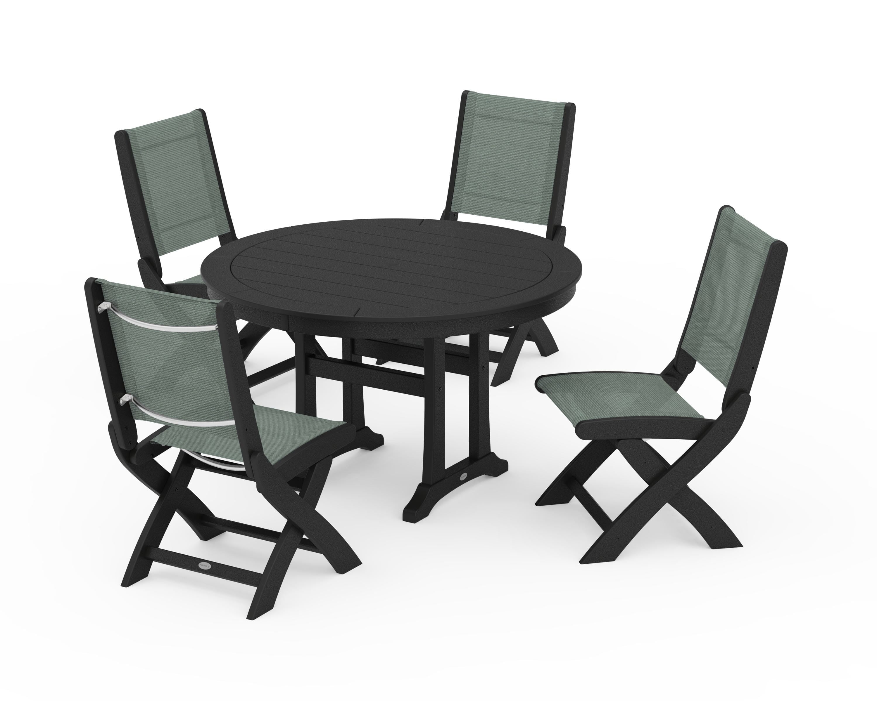 POLYWOOD Coastal Folding Side Chair 5-Piece Round Dining Set With Trestle Legs in Black / Dupioni Sea Mist Sling