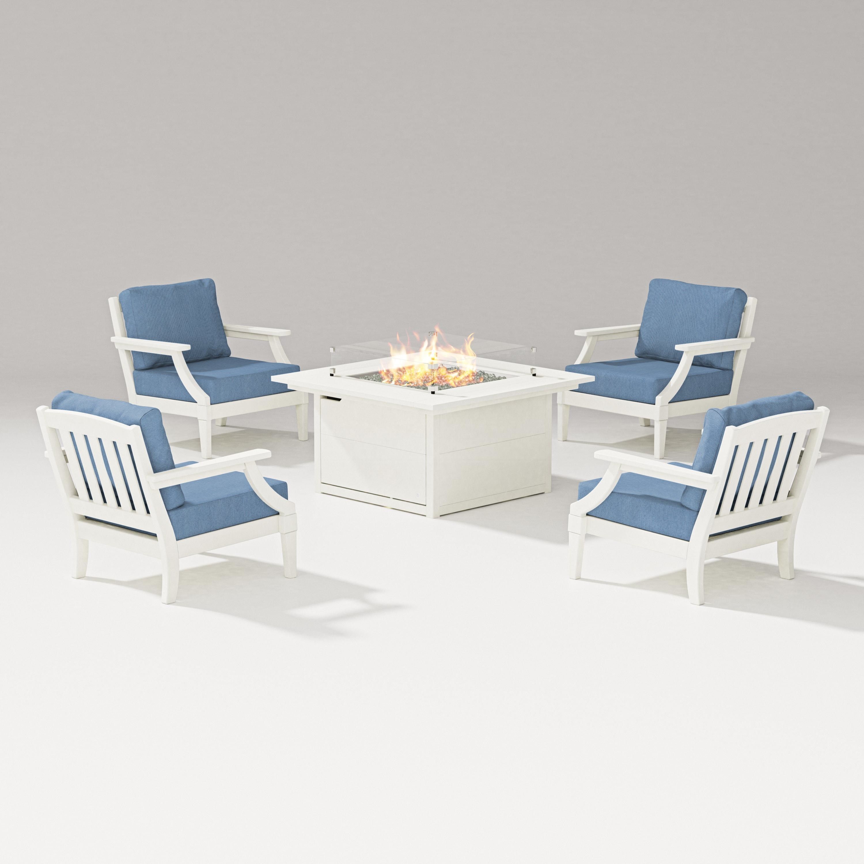 PW Designer Series Estate 5-Piece Lounge Fire Table Set in Vintage White / Sky Blue