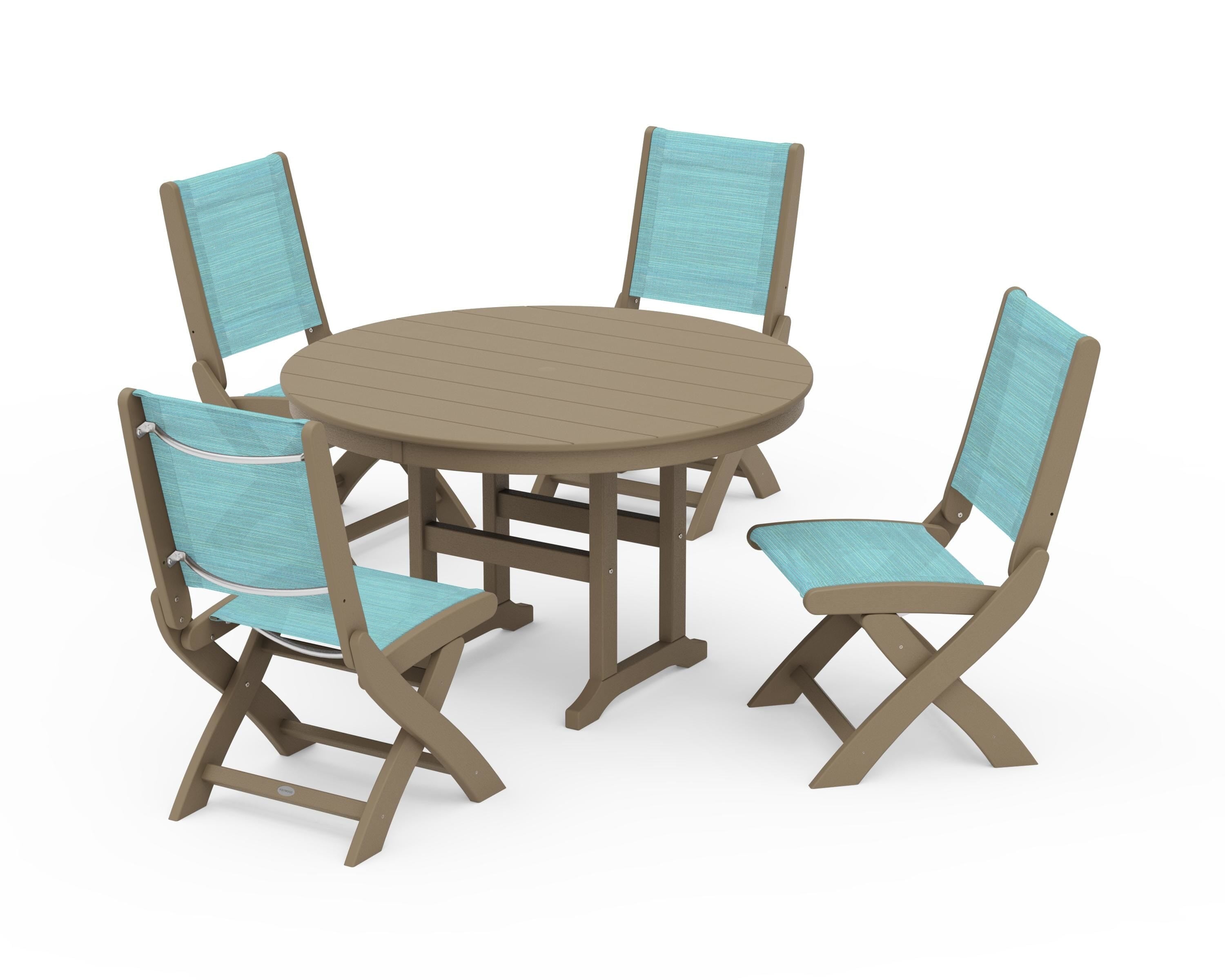 POLYWOOD Coastal Folding Side Chair 5-Piece Round Dining Set in Vintage Sahara / Dupioni Aquamarine Sling