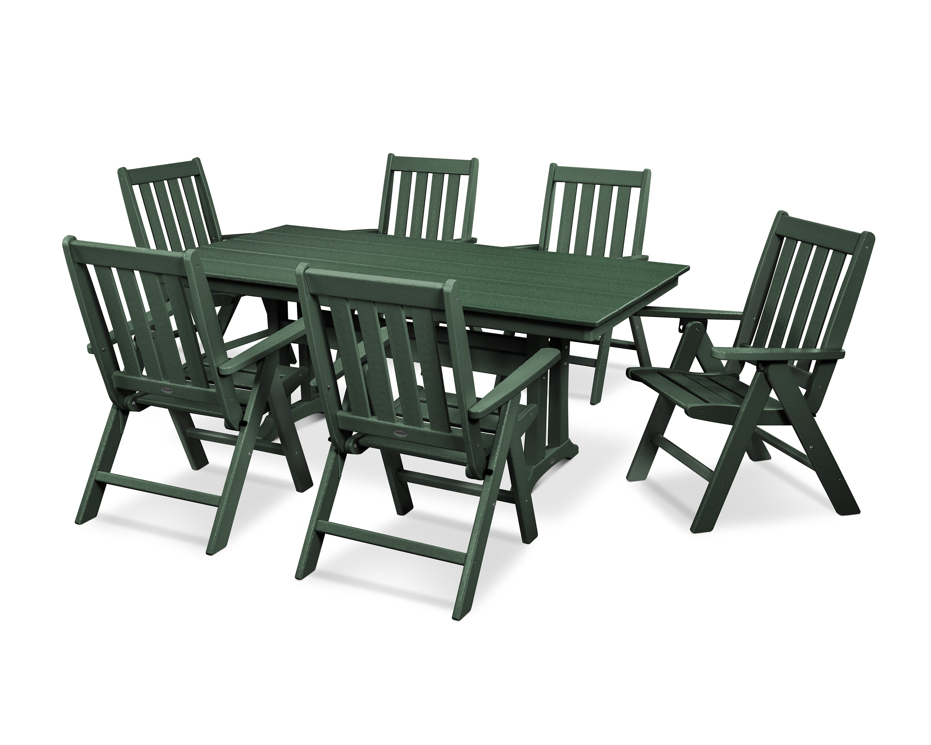 POLYWOOD® Vineyard Folding Chair 7-Piece Farmhouse Dining Set with Trestle Legs in Green