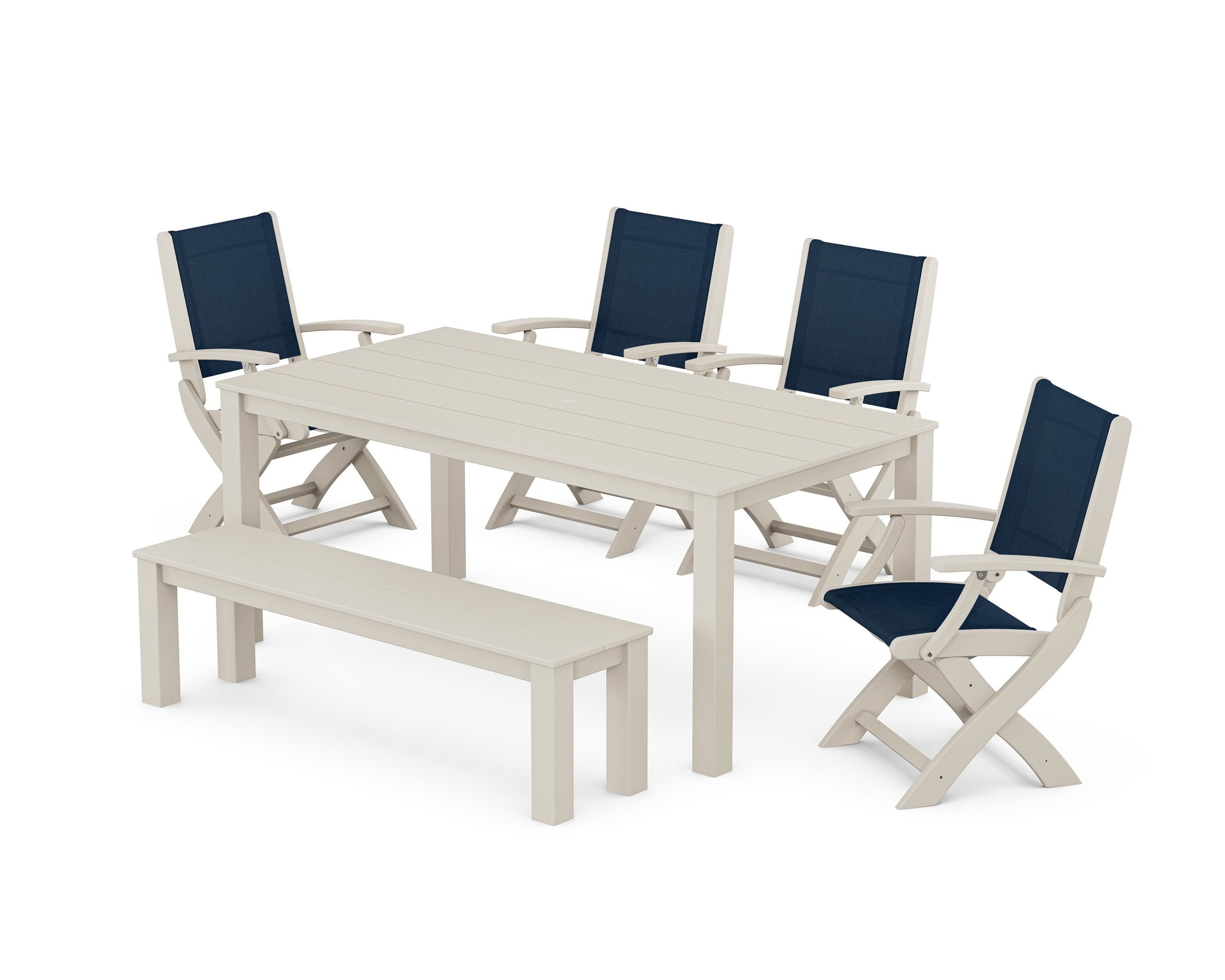 POLYWOOD Coastal Folding Chair 6-Piece Parsons Dining Set with Bench in Sand / Navy Blue Sling