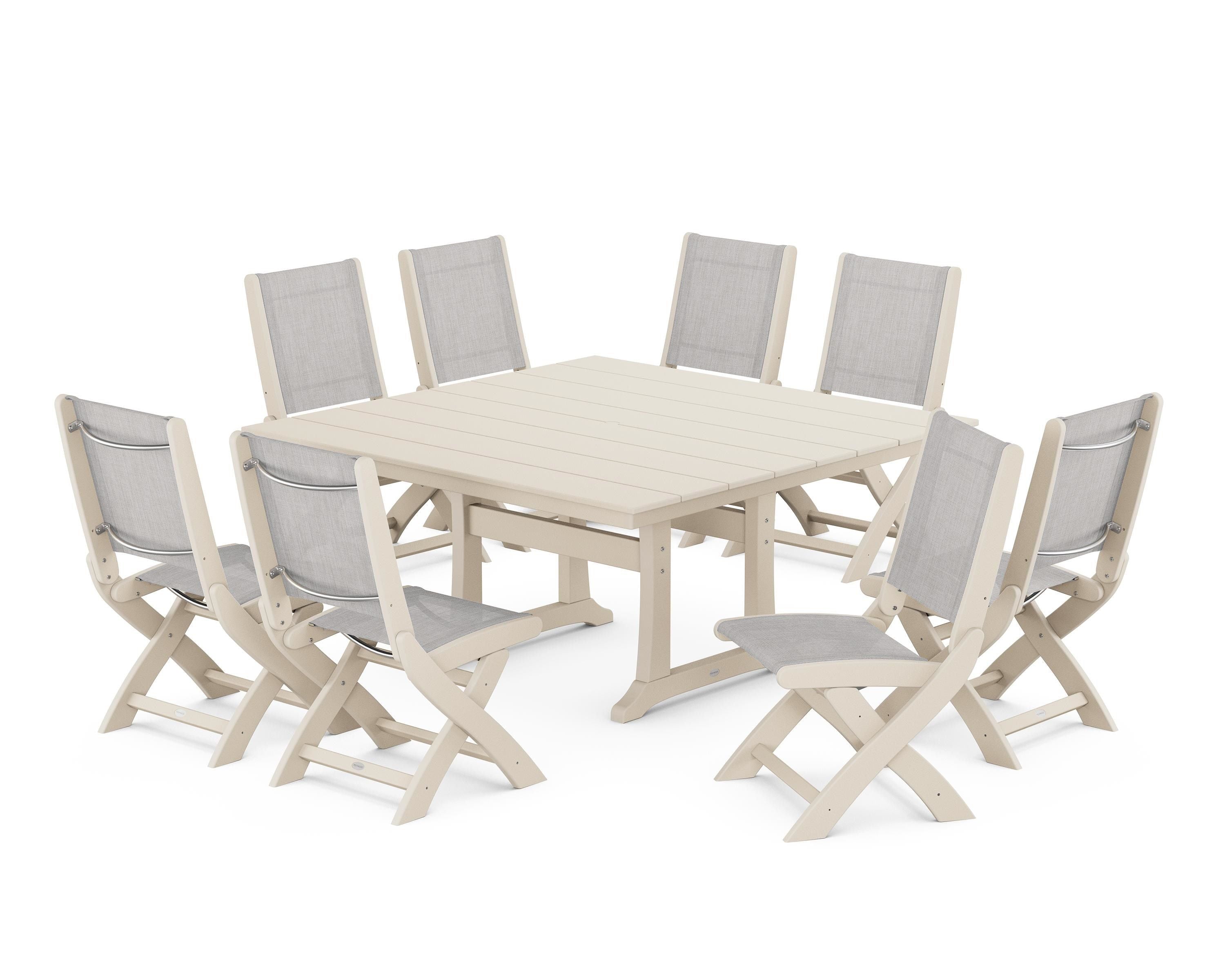 POLYWOOD Coastal Folding Side Chair 9-Piece Farmhouse Dining Set in Sand / Parchment Sling