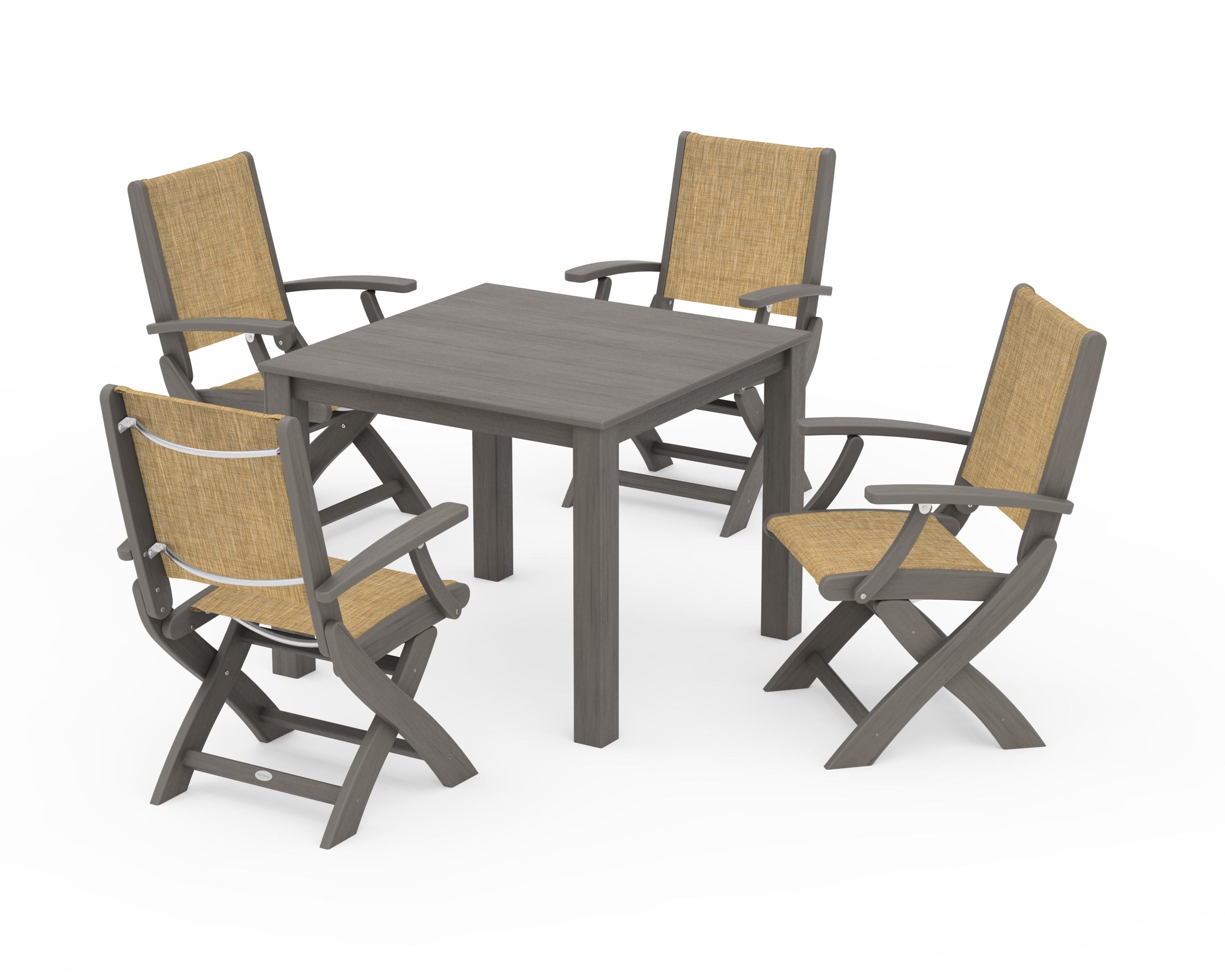 POLYWOOD Coastal Folding Chair 5-Piece Parsons Dining Set in Driftwood / Burlap Sling