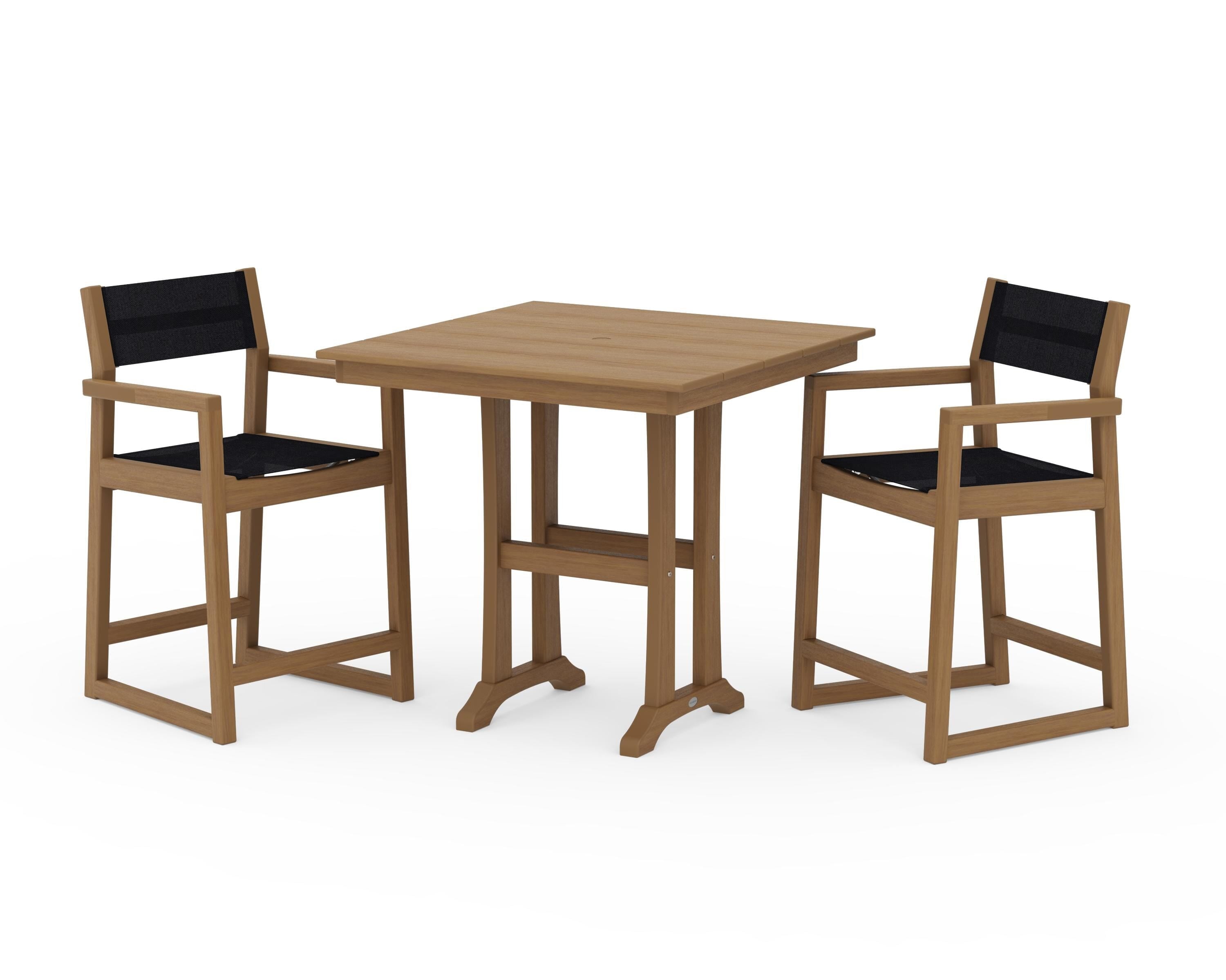 POLYWOOD EDGE Sling Arm Chair 3-Piece Farmhouse Counter Set with Trestle Legs in Natural / Black Sling