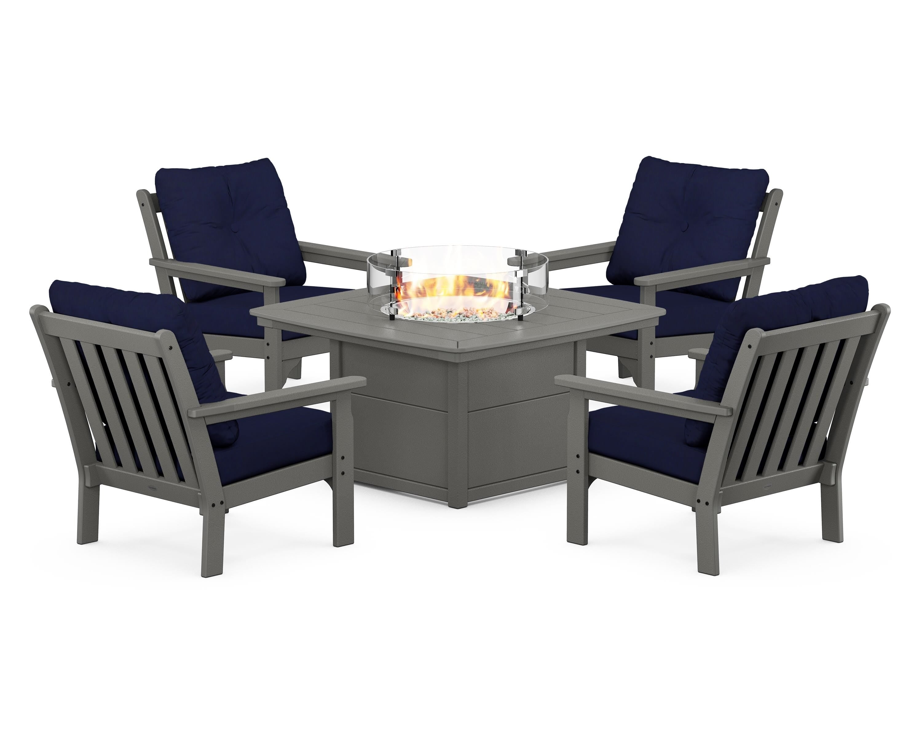 POLYWOOD Vineyard 5-Piece Conversation Set with Fire Pit Table in Slate Grey / Navy