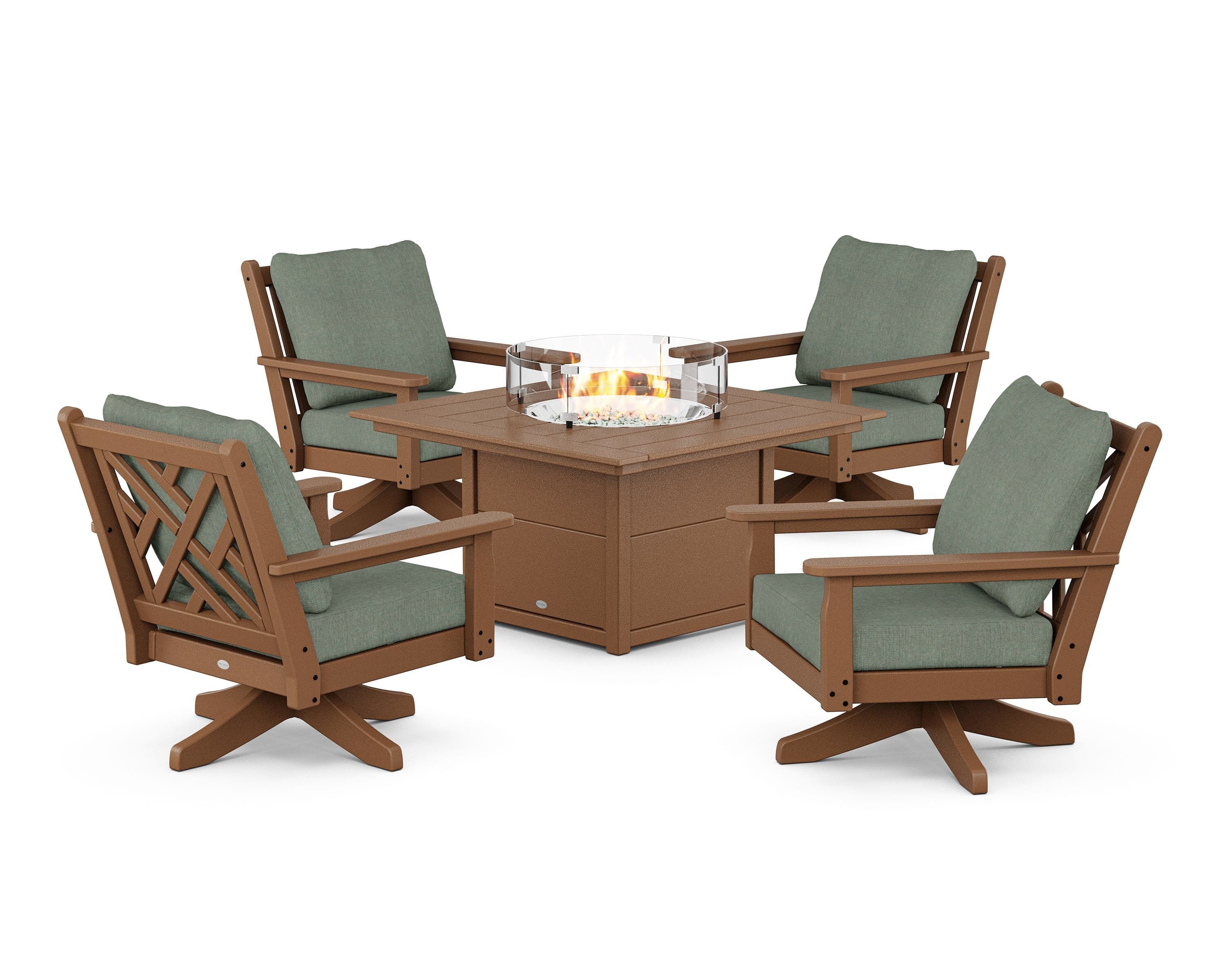 POLYWOOD Chippendale 5-Piece Deep Seating Swivel Conversation Set with Fire Pit Table in Teak / Cast Sage