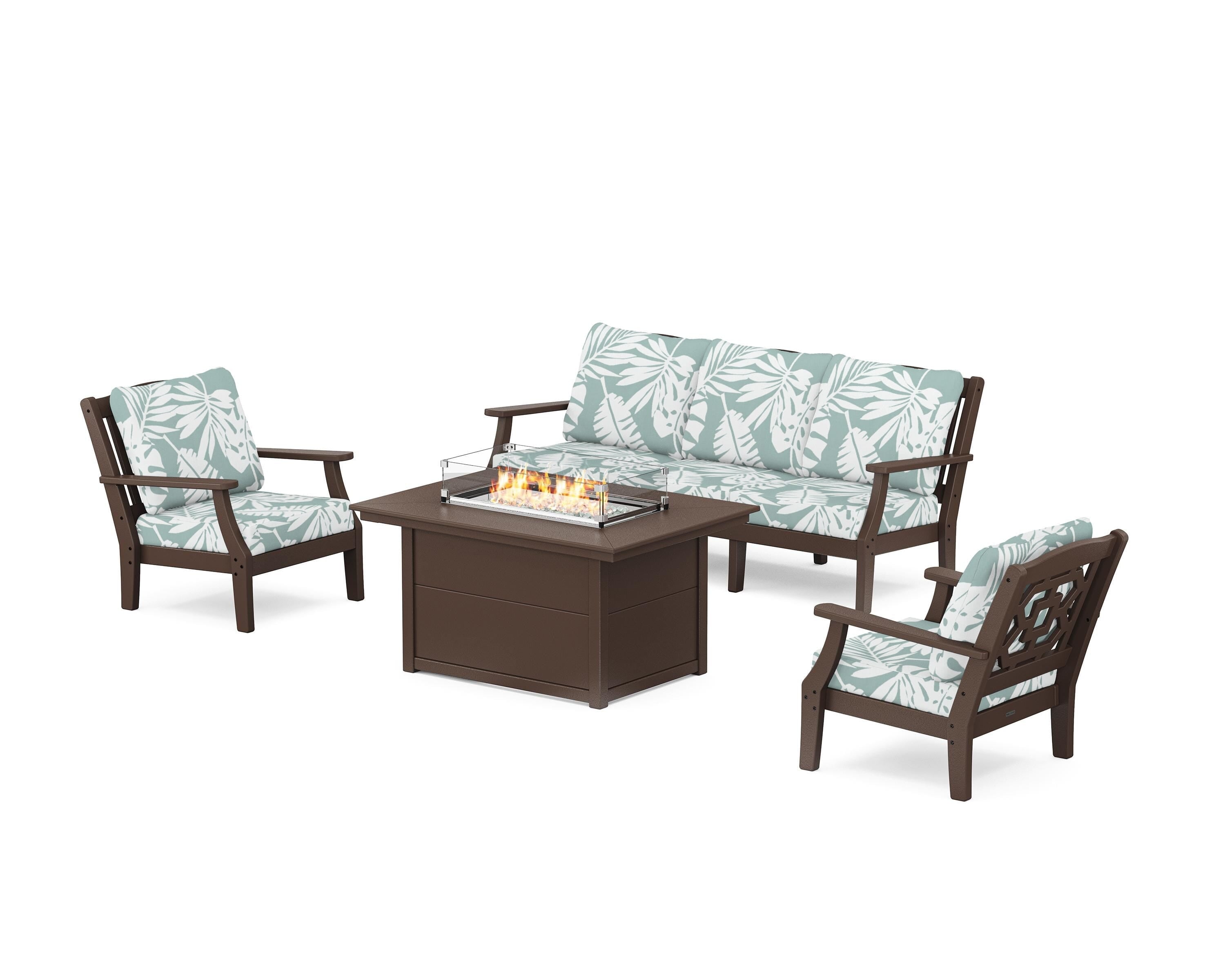 Martha Stewart by POLYWOOD Chinoiserie Deep Seating Fire Pit Table Set in Mahogany / Leaf Glacier Spa