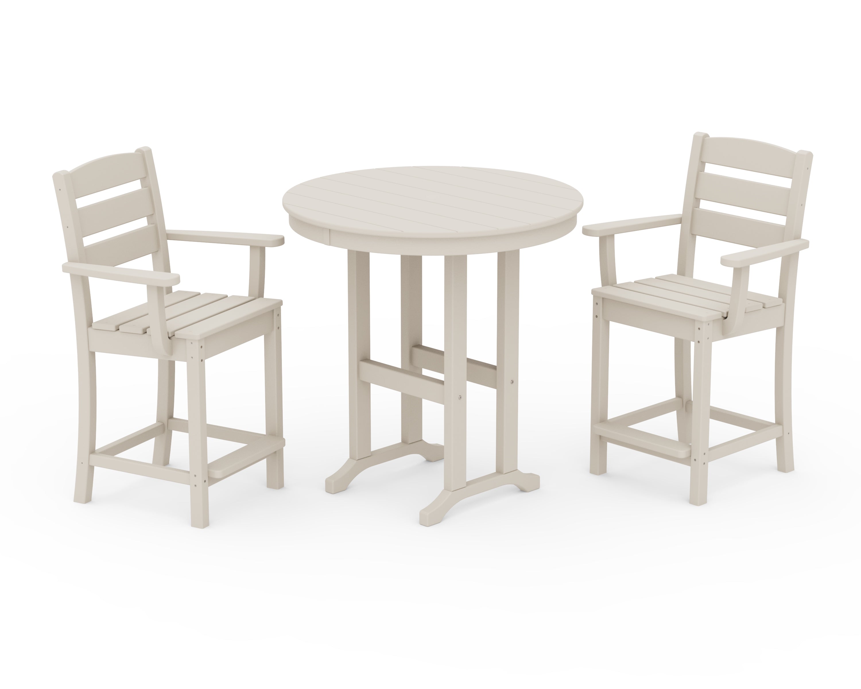 POLYWOOD Lakeside 3-Piece Round Farmhouse Arm Chair Counter  Set in Sand